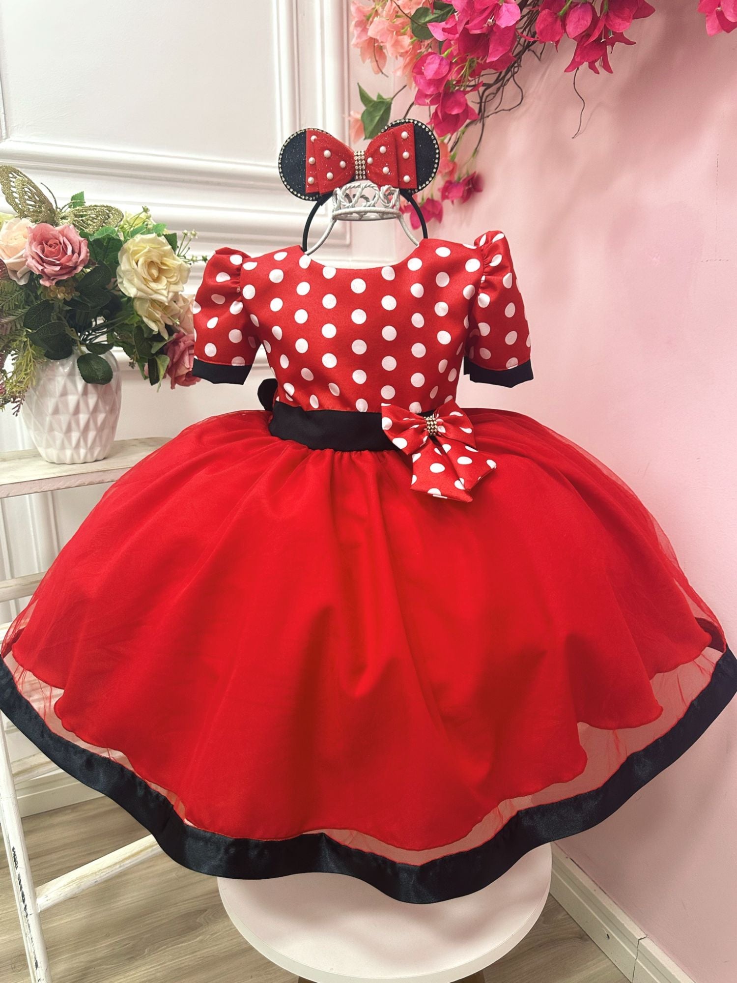 Vestido Infantil Vermelho Bolinas Minnie Festas Aniversários