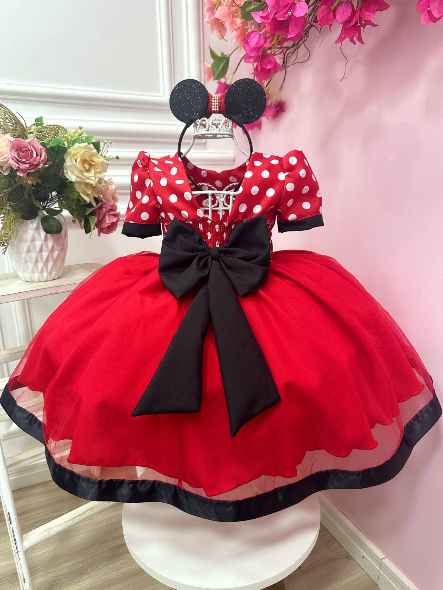 Vestido Infantil Vermelho Bolinas Minnie Festas Aniversários