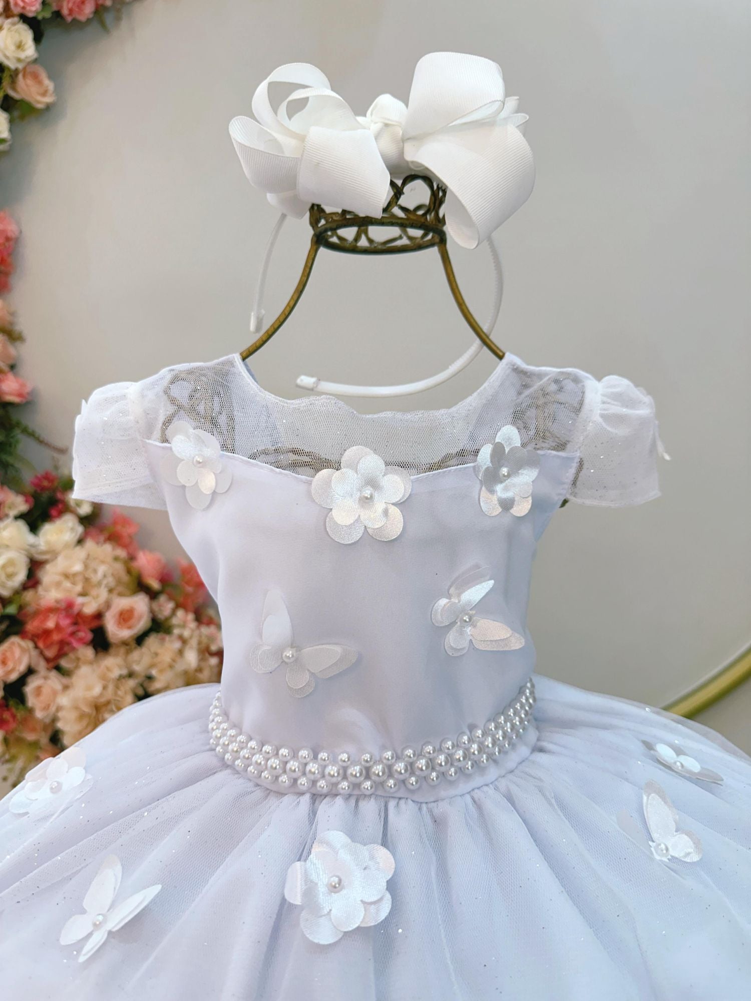 Vestido Infantil Branco C/ Aplique Borboletas Flores Pérolas