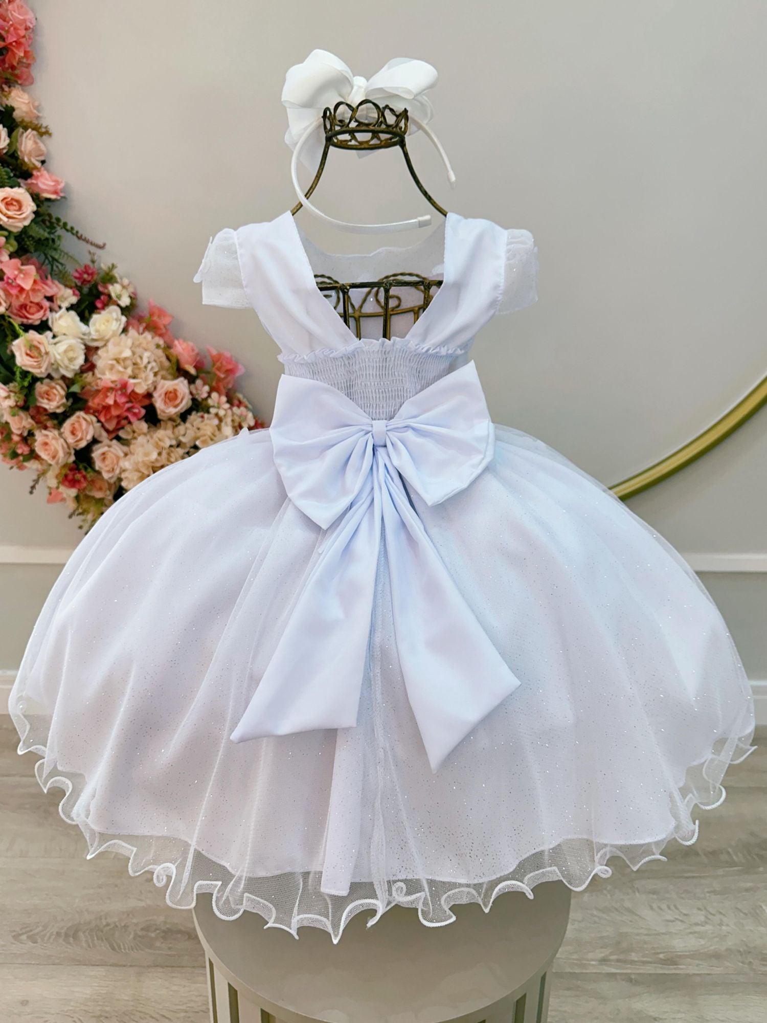 Vestido Infantil Branco C/ Aplique Borboletas Flores Pérolas