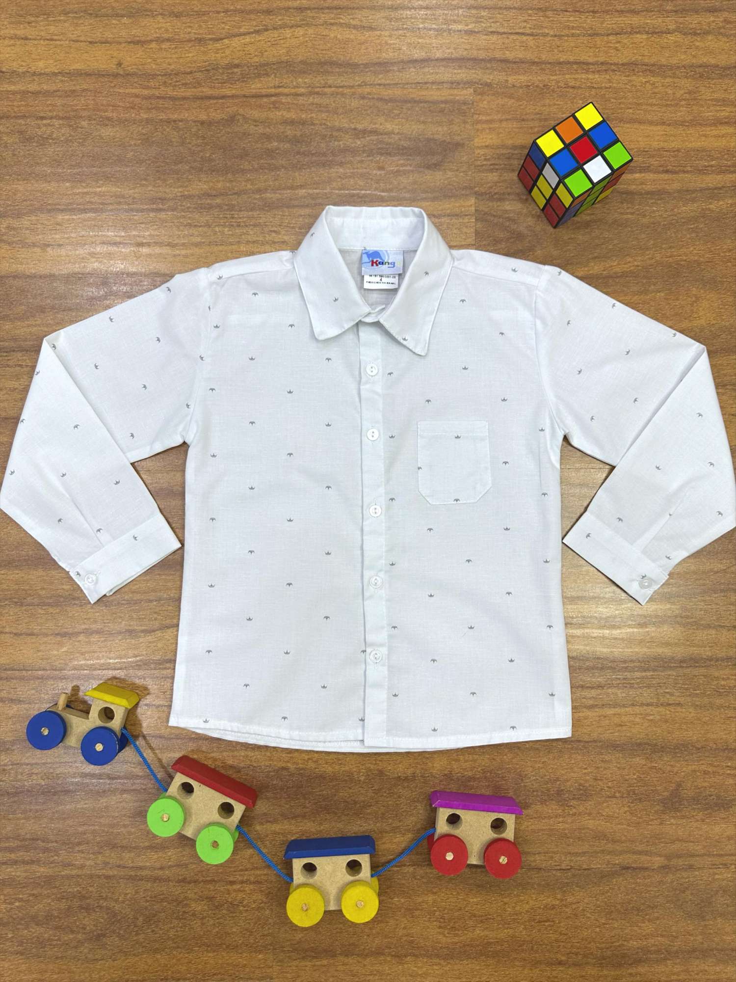 Camisa Social Branca Estampa Coroa Manga Longa Algodão