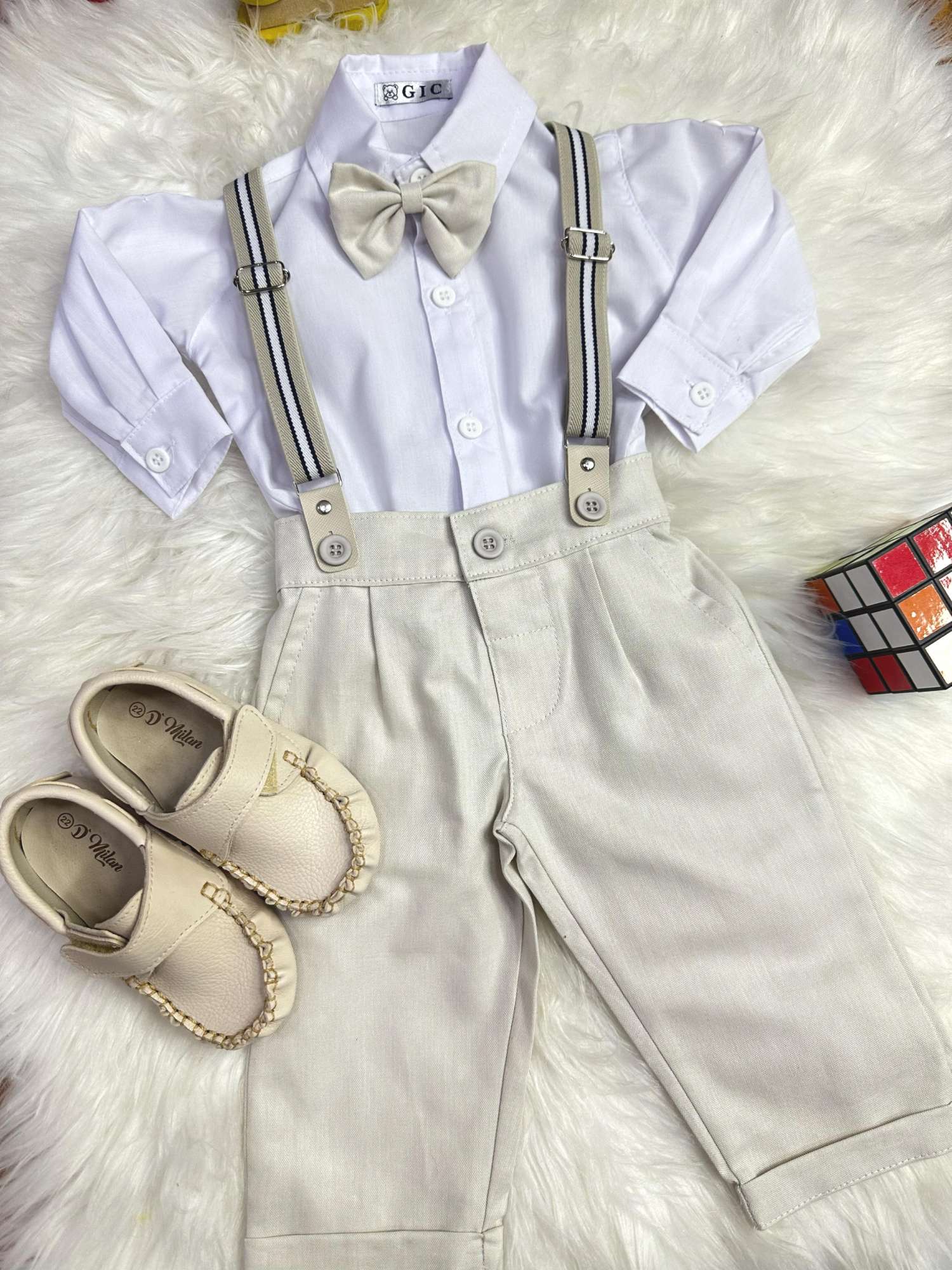 Conjunto Social Bebê Calça Susp.Bege e Camisa Branca
