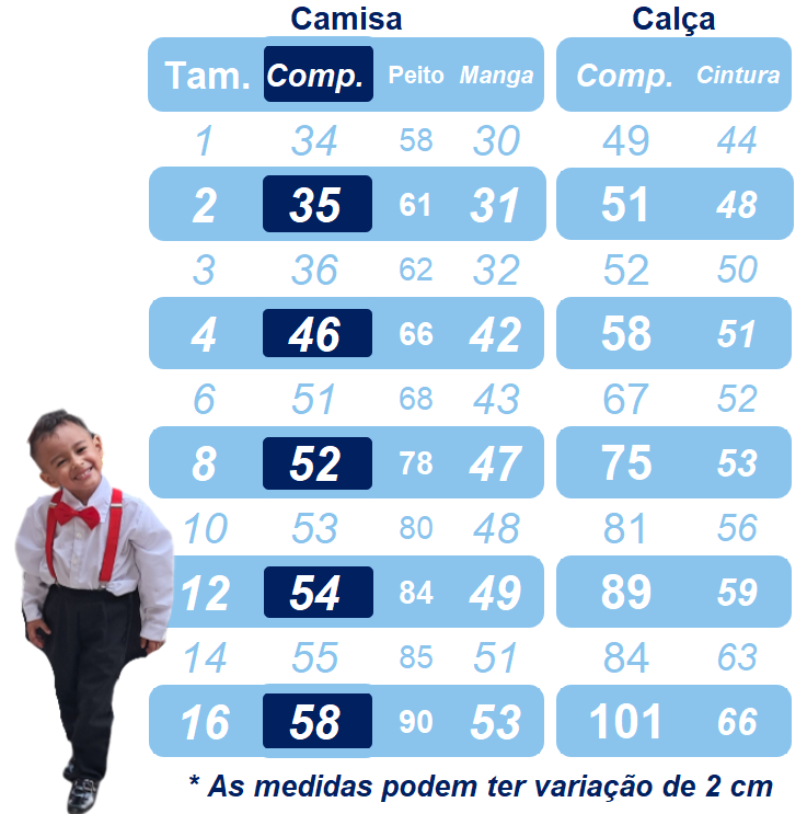 Conjunto Social Pajem Camisa Calça Gravata e Susp. Azul Marinho