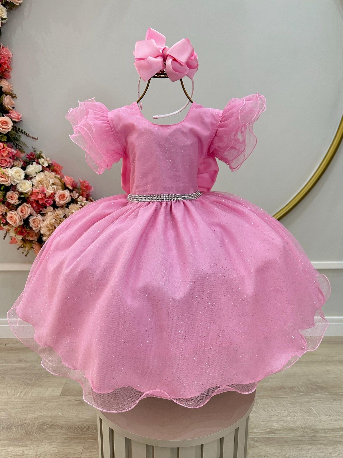 Vestido Infantil Rosa Com Glitter Daminhas Festas