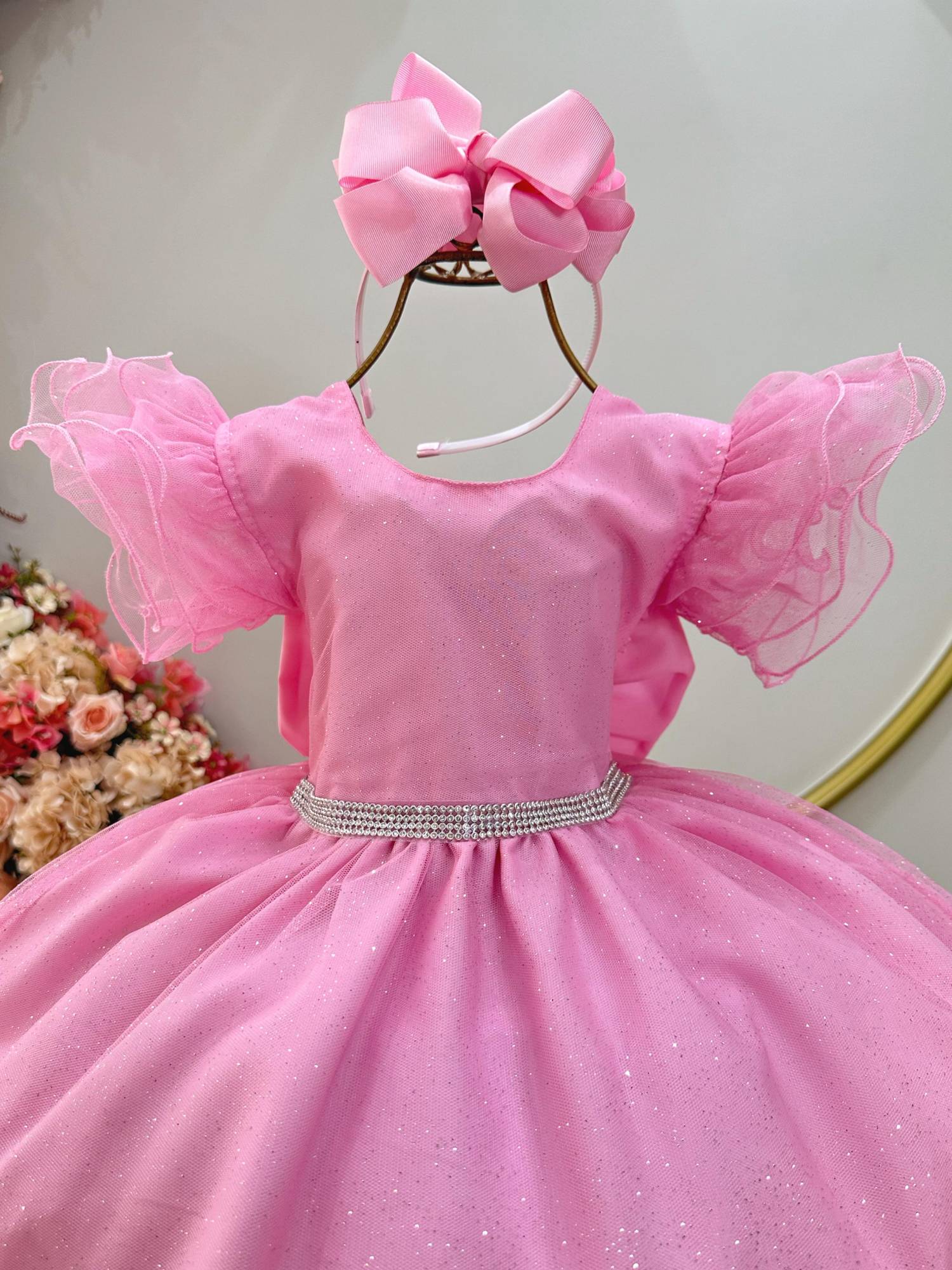 Vestido Infantil Rosa Com Glitter Daminhas Festas