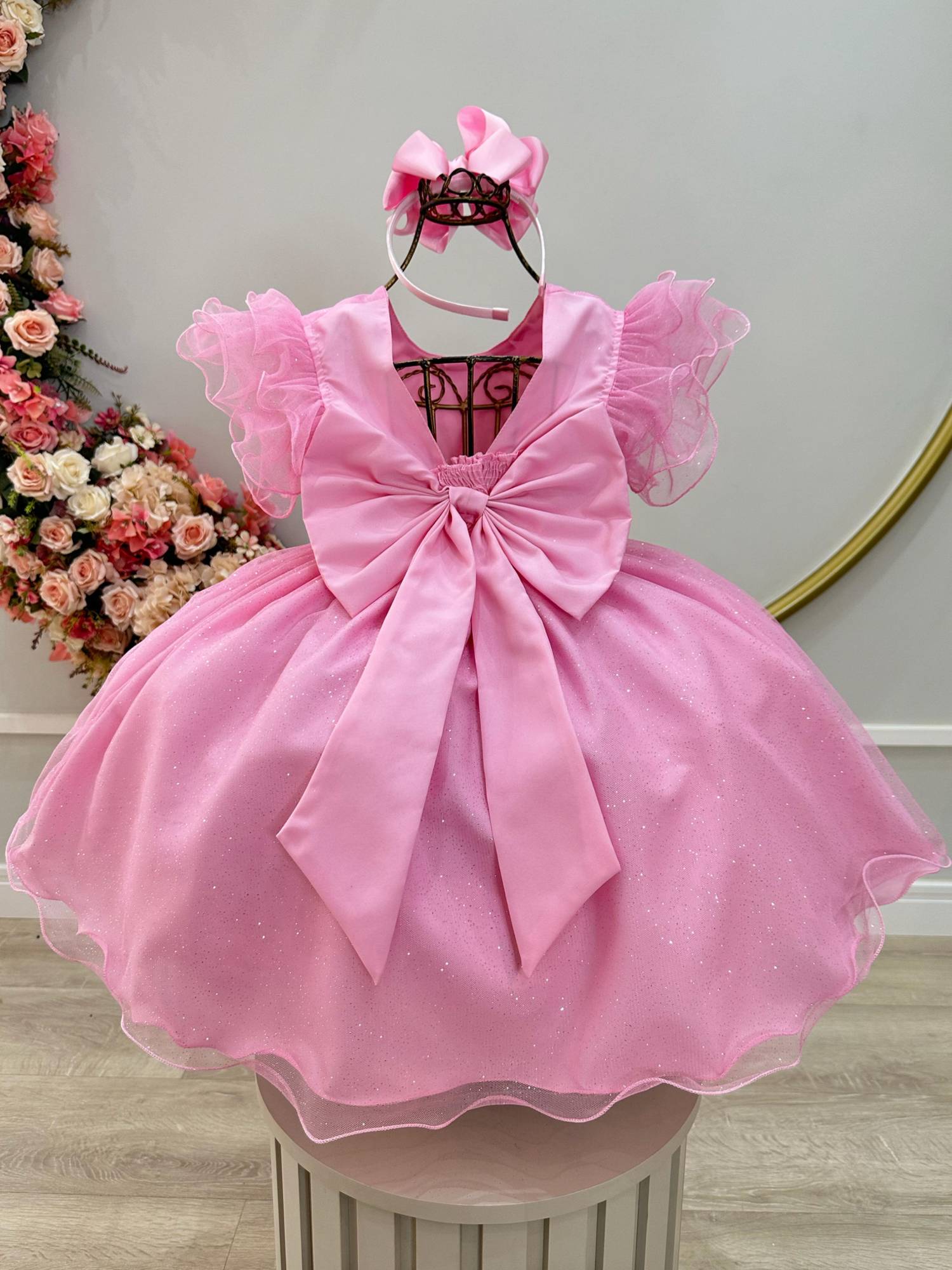 Vestido Infantil Rosa Com Glitter Daminhas Festas