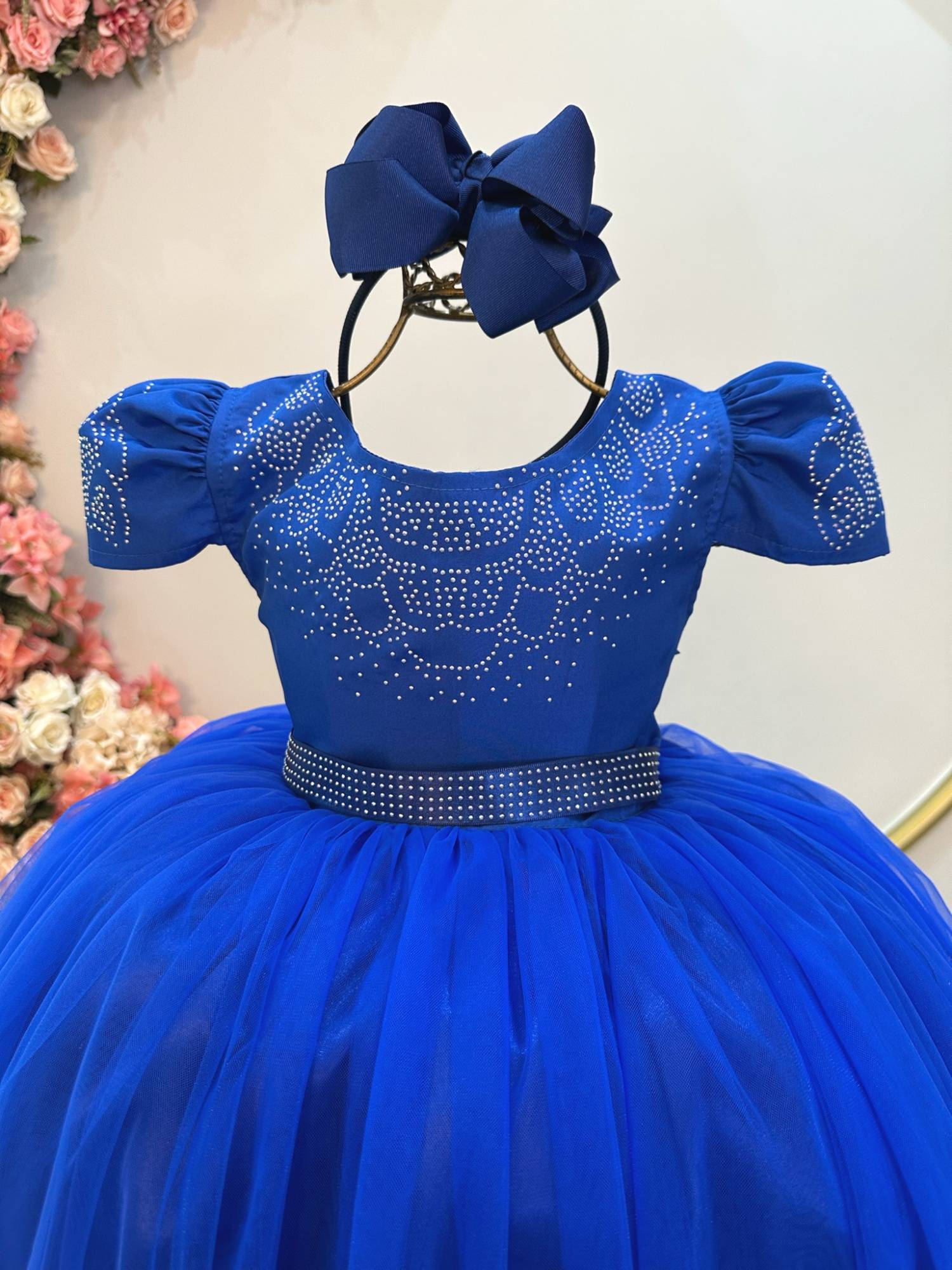 Vestido Infantil Azul Royal Damas C/ Strass Luxo