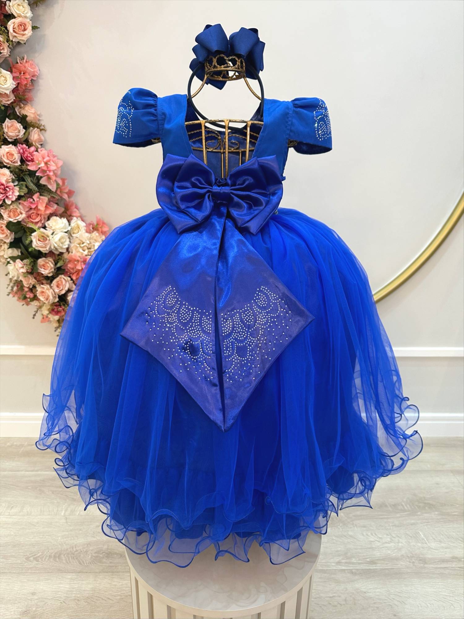 Vestido Infantil Azul Royal Damas C/ Strass Luxo
