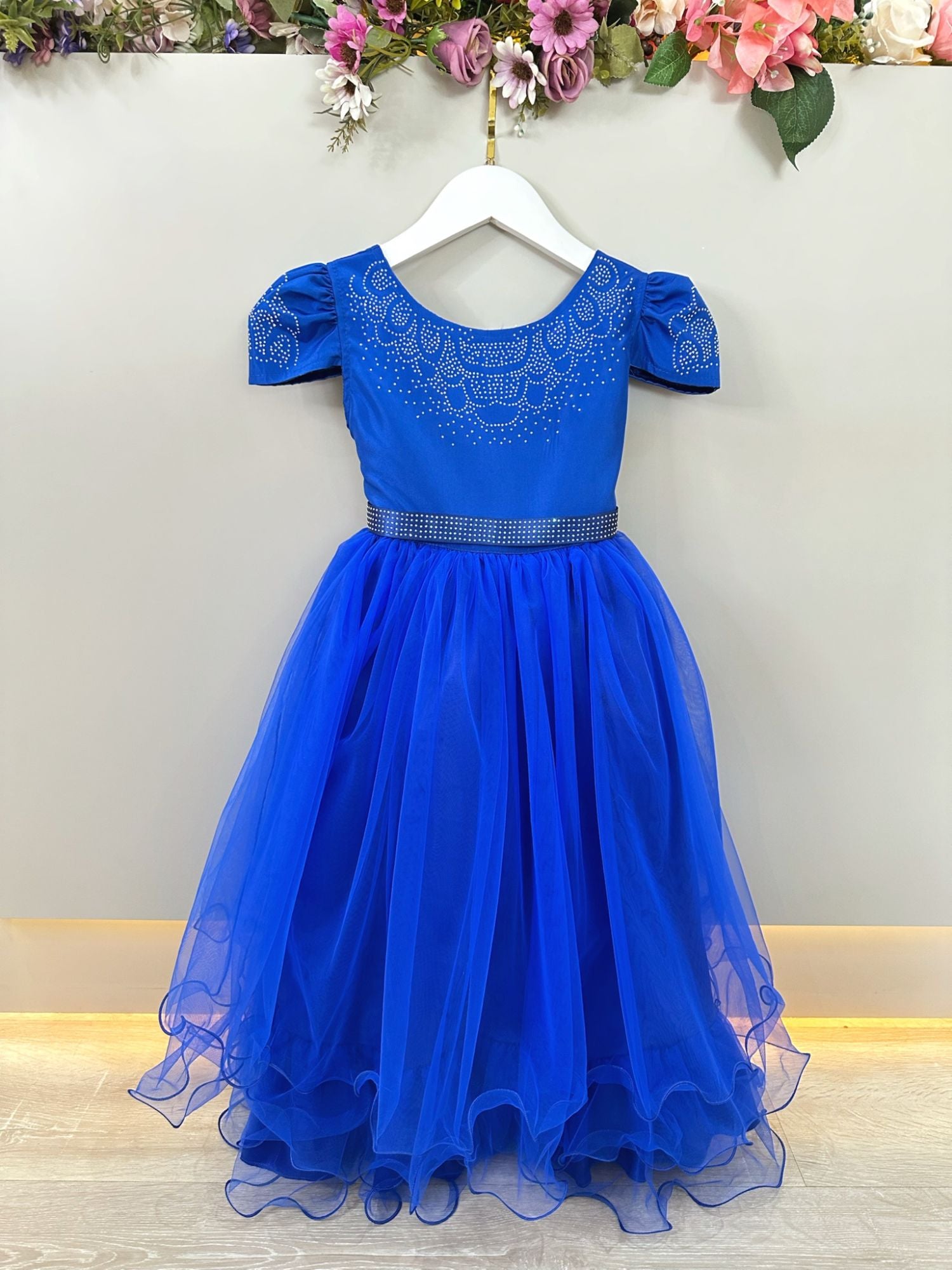 Vestido Infantil Azul Royal Damas C/ Strass Luxo