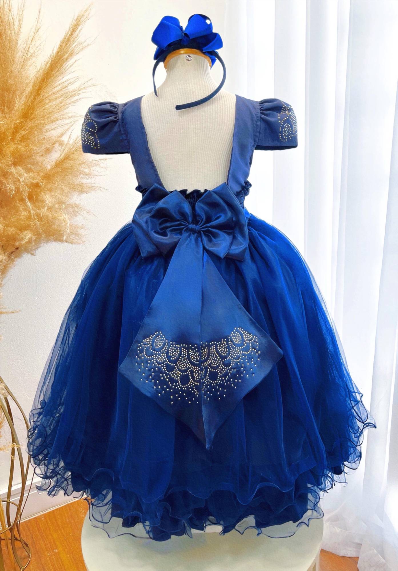 Vestido Infantil Azul Royal Damas C/ Strass Luxo
