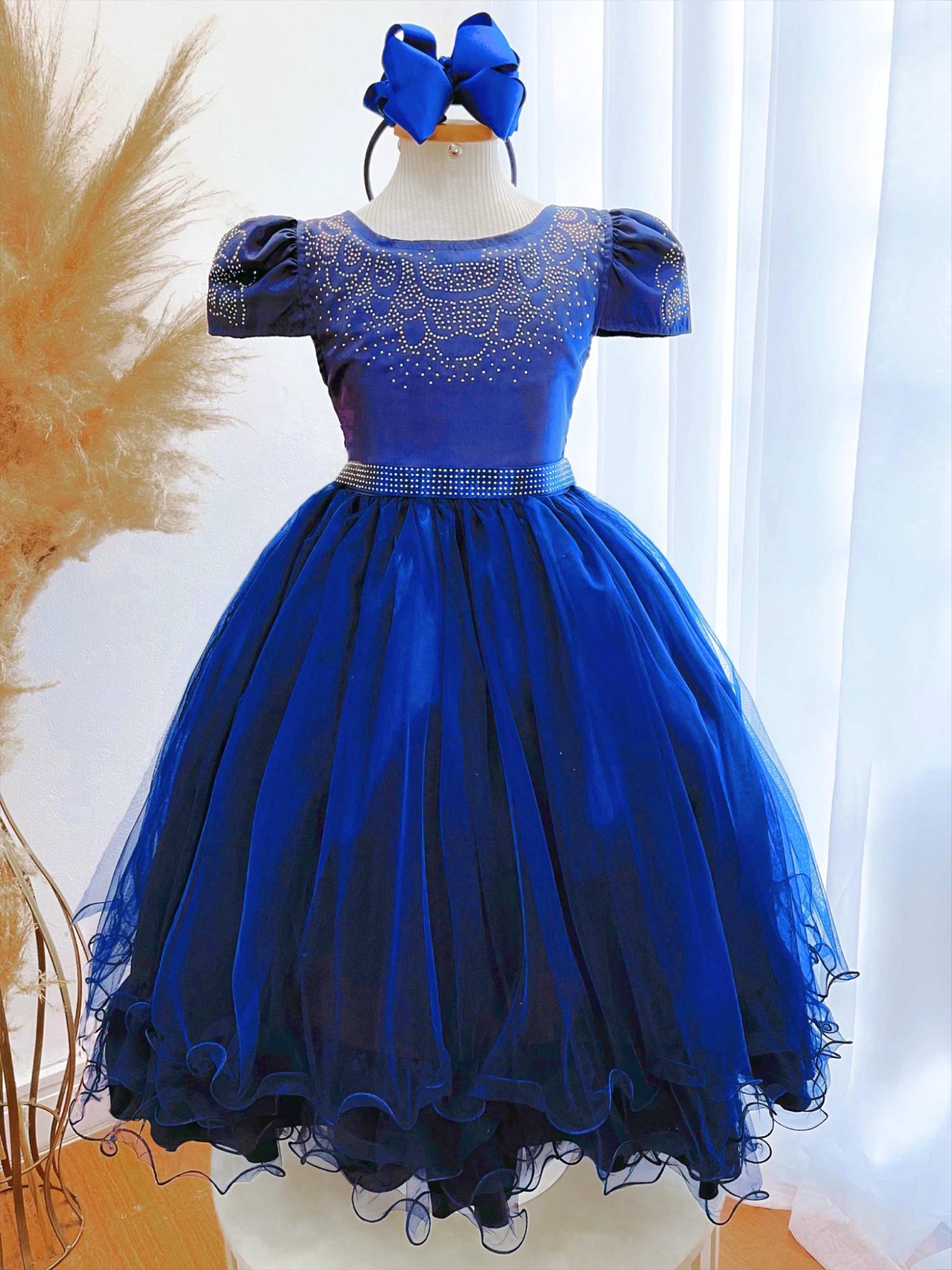 Vestido Infantil Azul Royal Damas C/ Strass Luxo