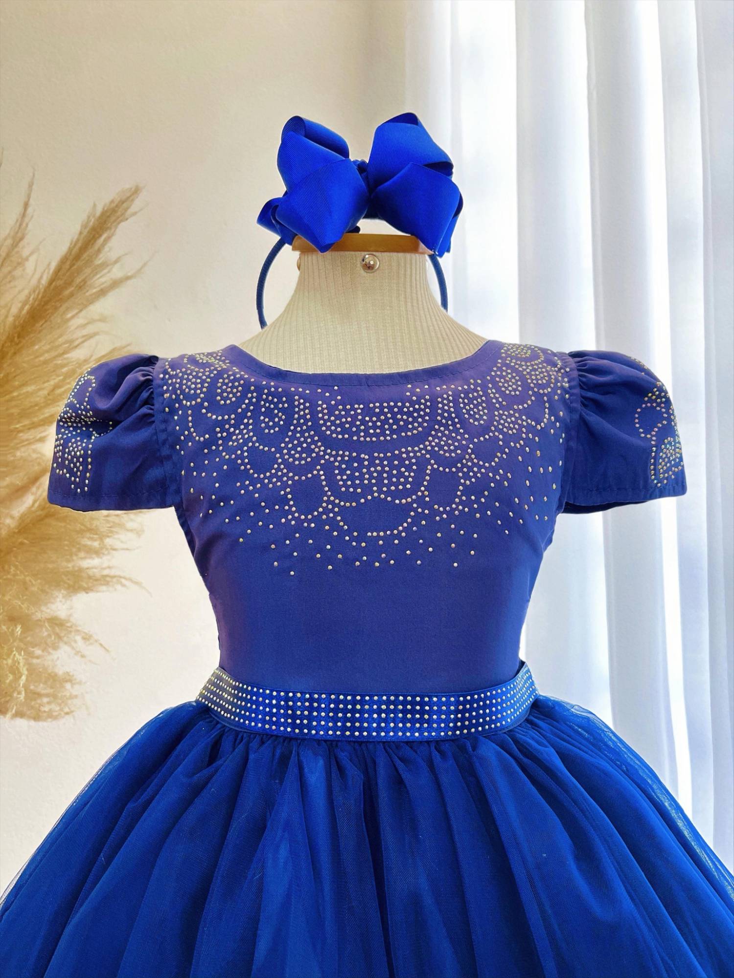 Vestido Infantil Azul Royal Damas C/ Strass Luxo