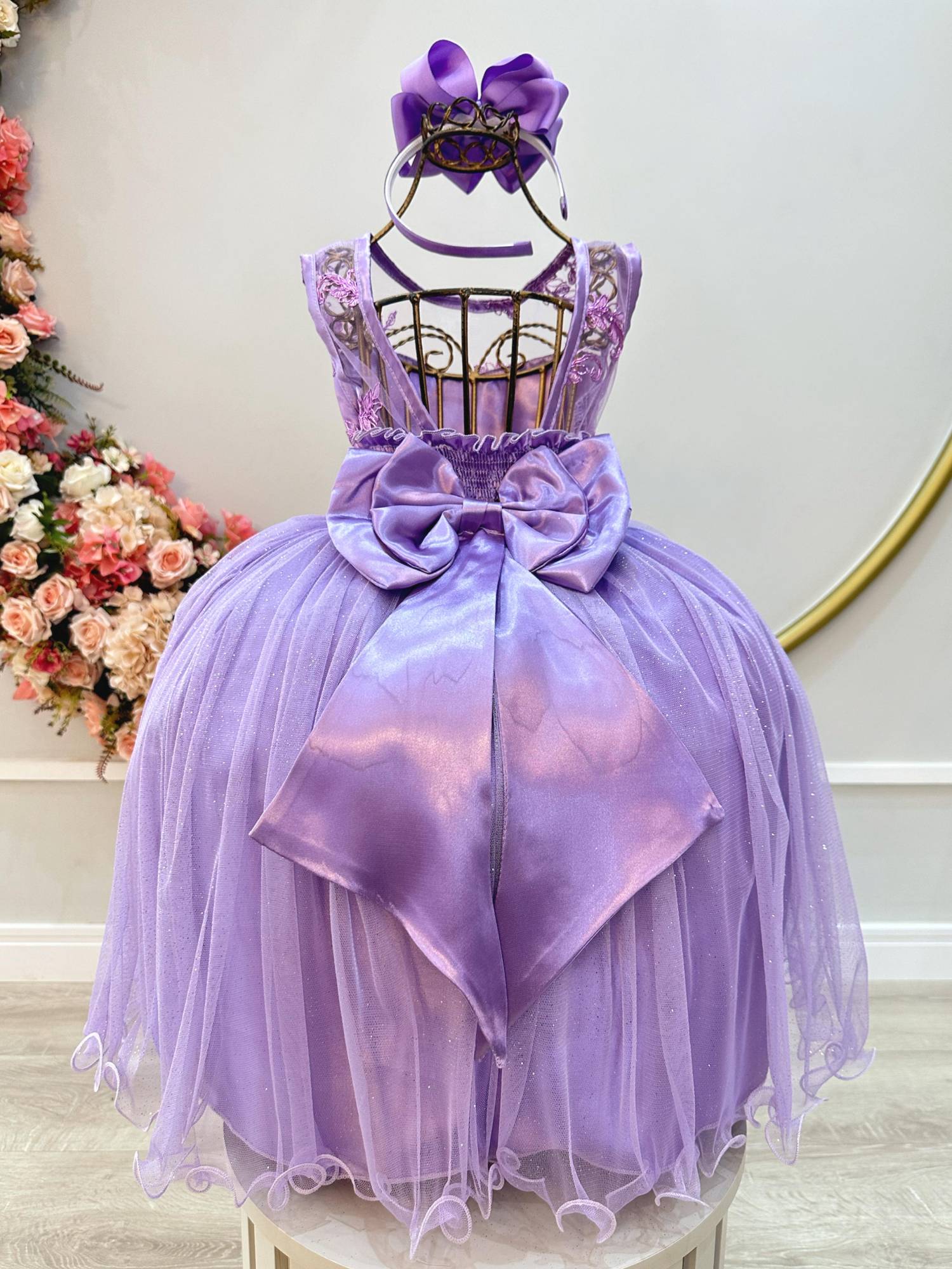 Vestido Infantil Lilás Renda Metalizada Tule C/ Brilho Damas