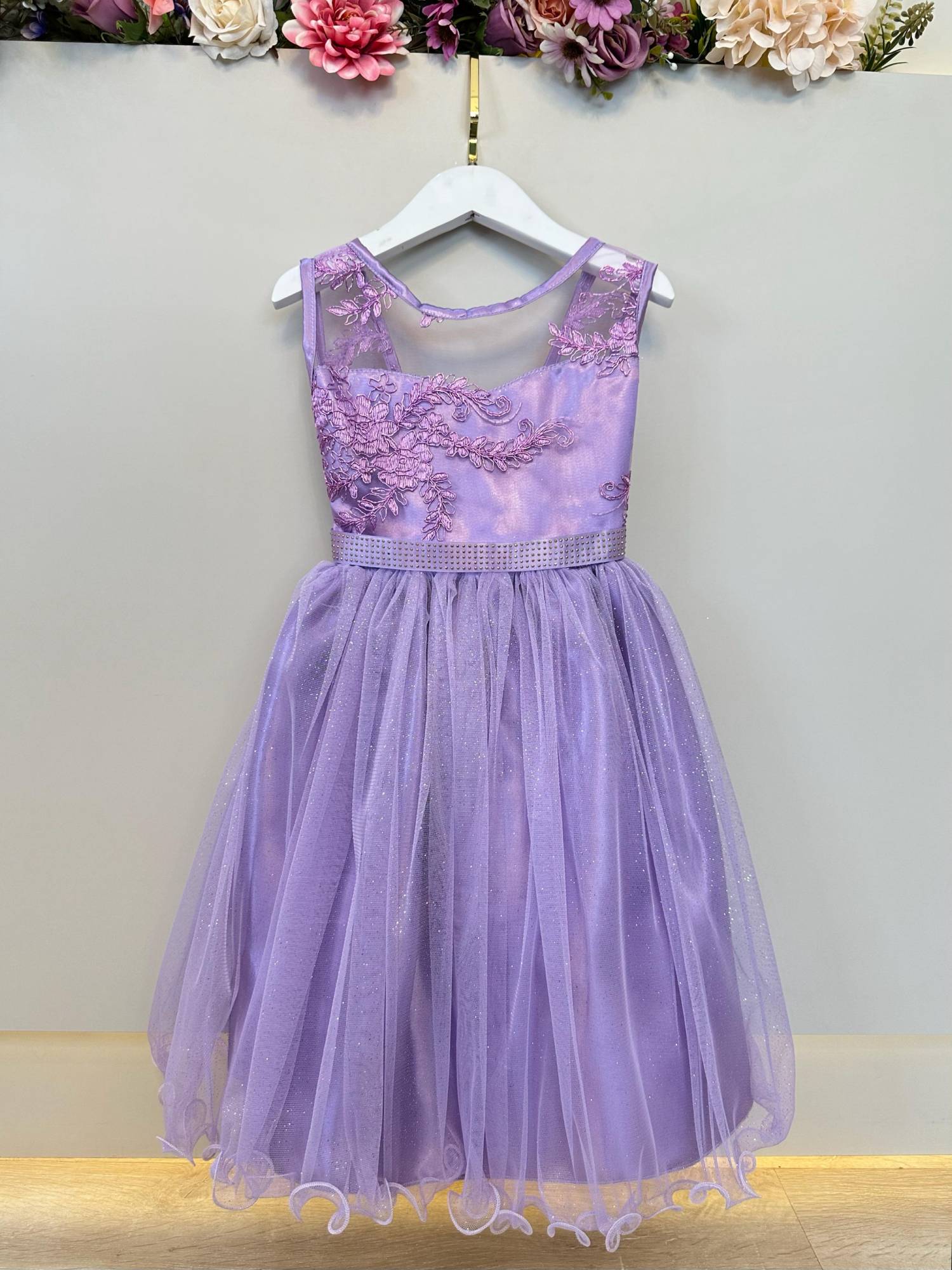 Vestido Infantil Lilás Renda Metalizada Tule C/ Brilho Damas