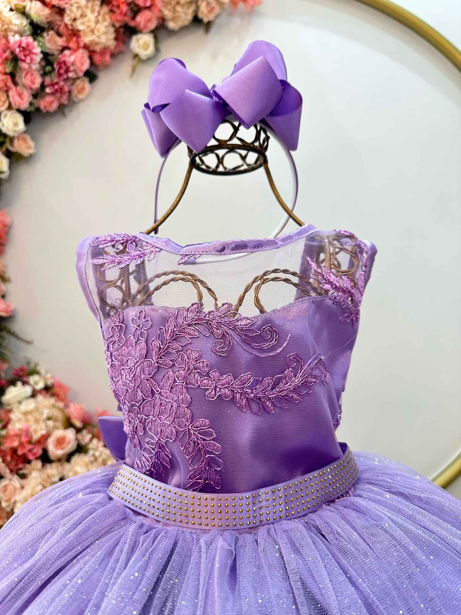 Vestido Infantil Lilás Renda Metalizada Tule C/ Brilho Damas