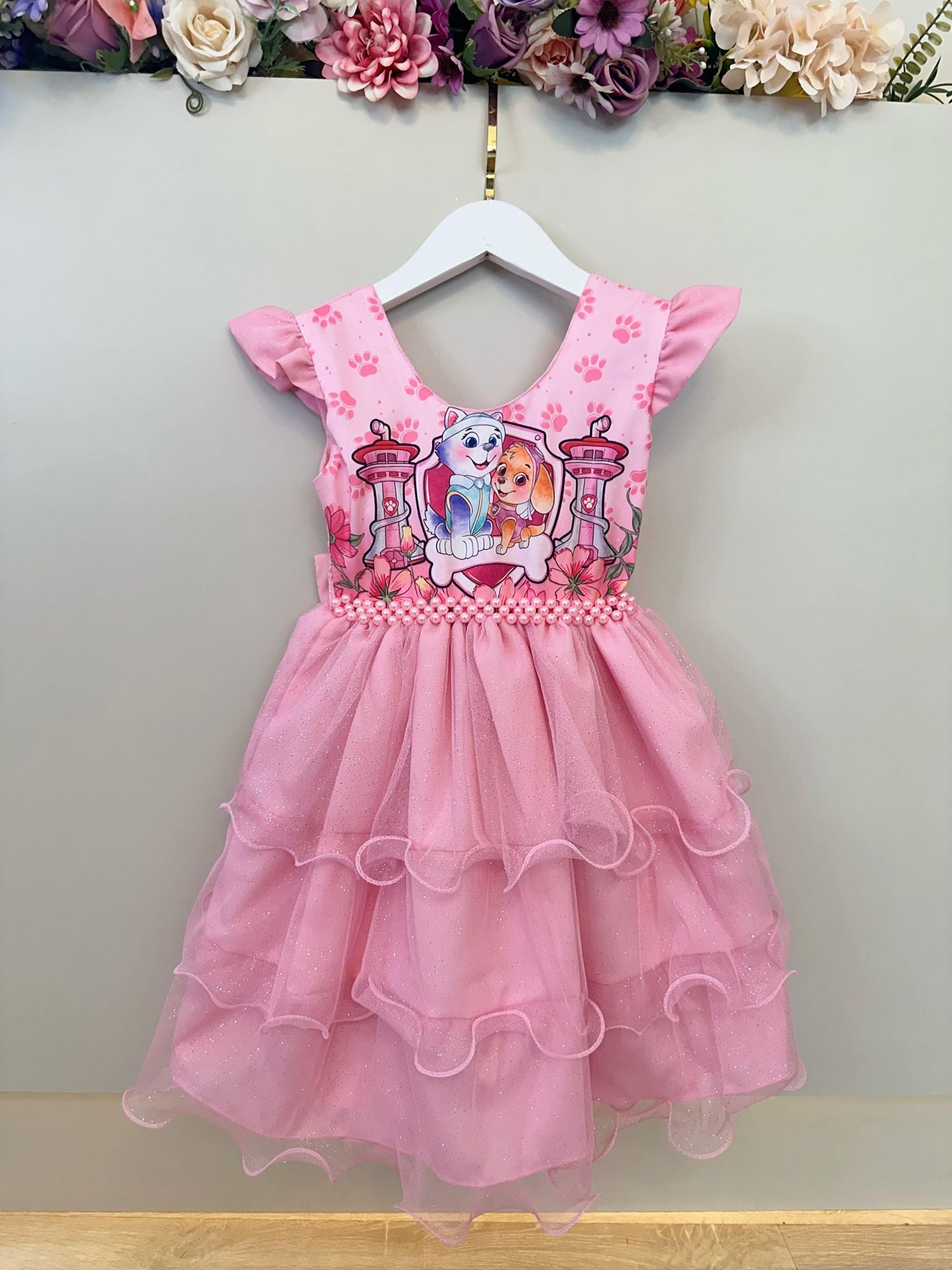 Vestido Infantil Patrulha Canina Skye Rosa Claro Festas