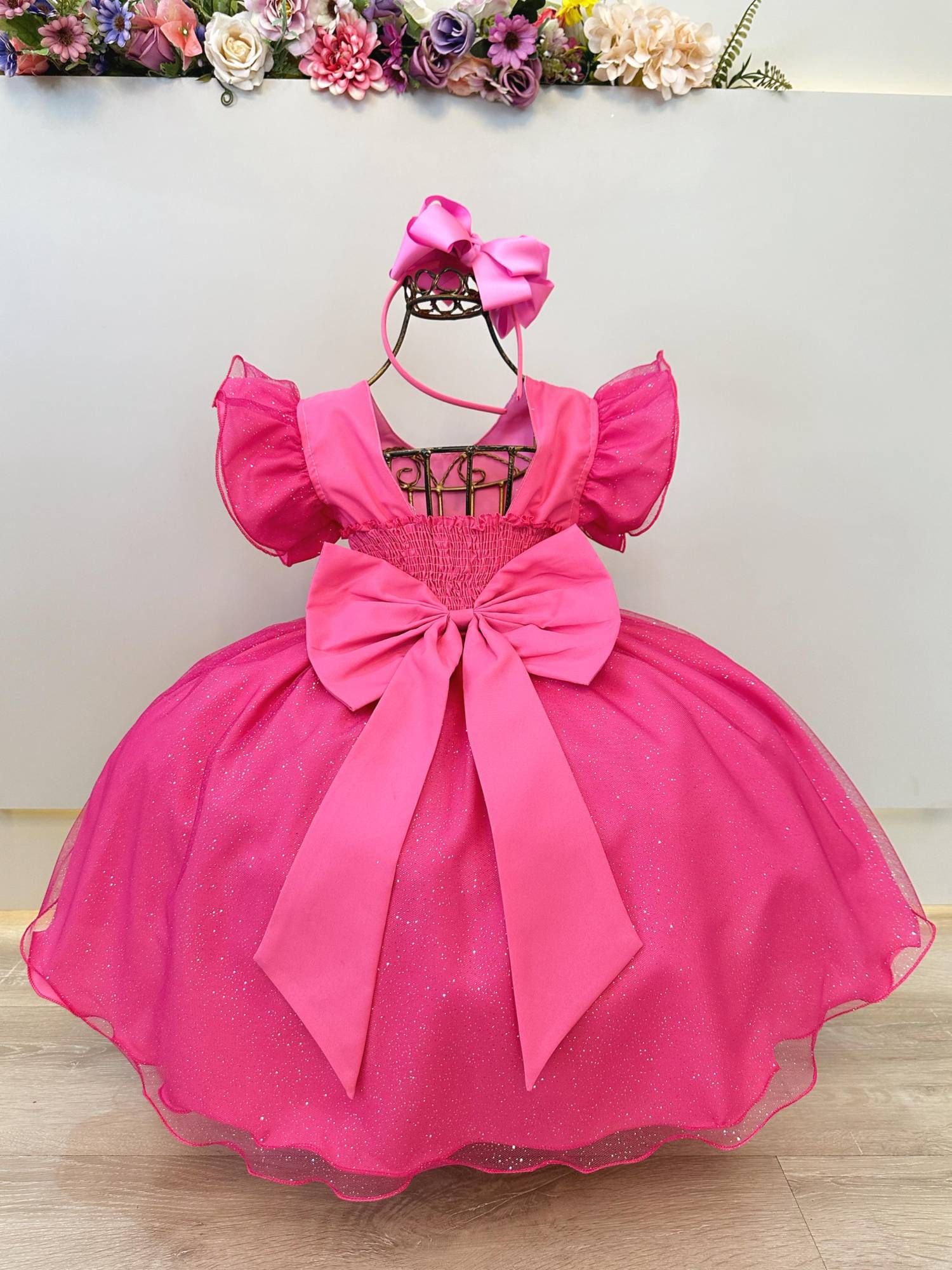 Vestido Infantil Rosa Chiclete Minnie Saia C/ Glitter Festas