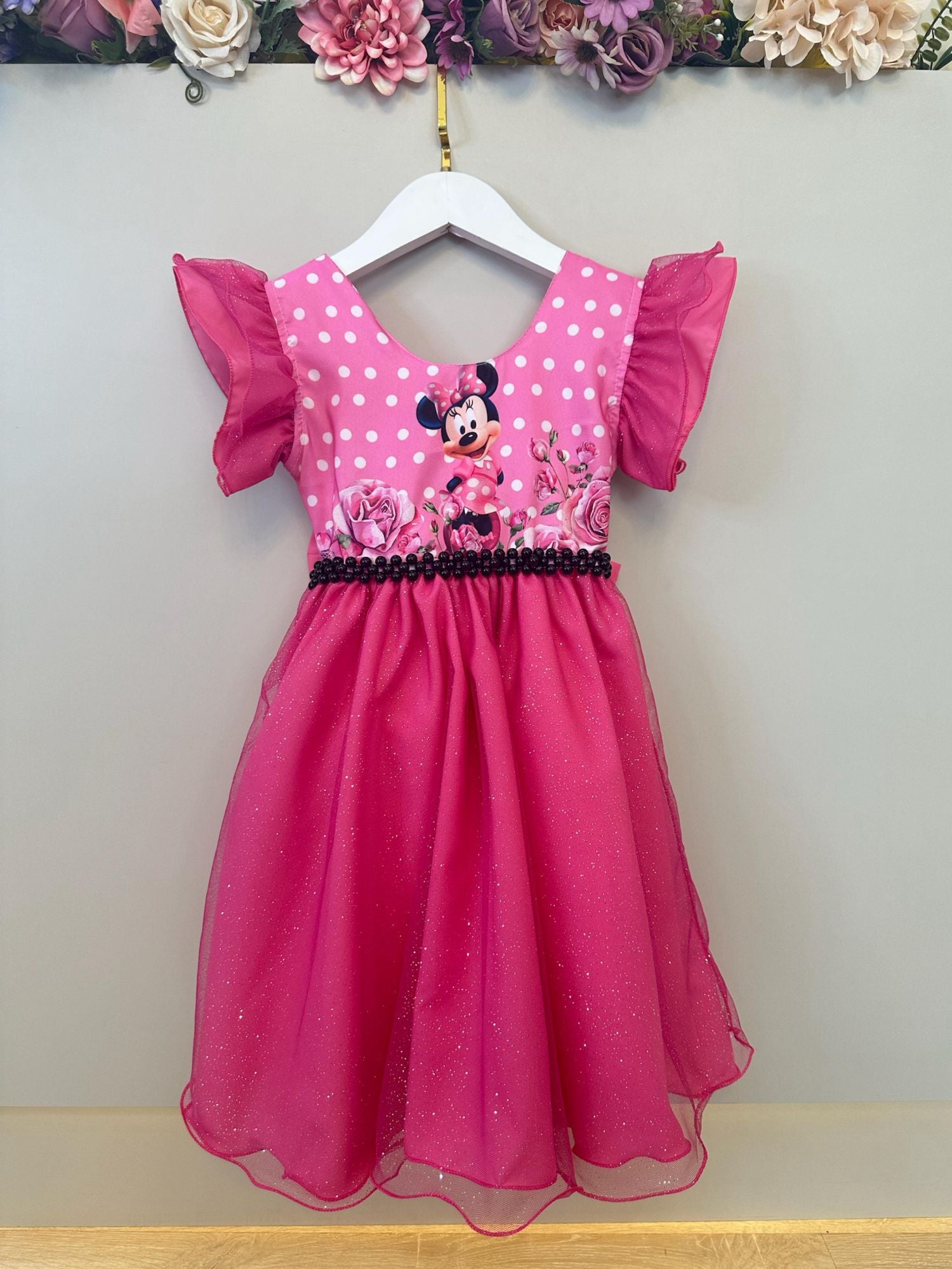 Vestido Infantil Rosa Chiclete Minnie Saia C/ Glitter Festas