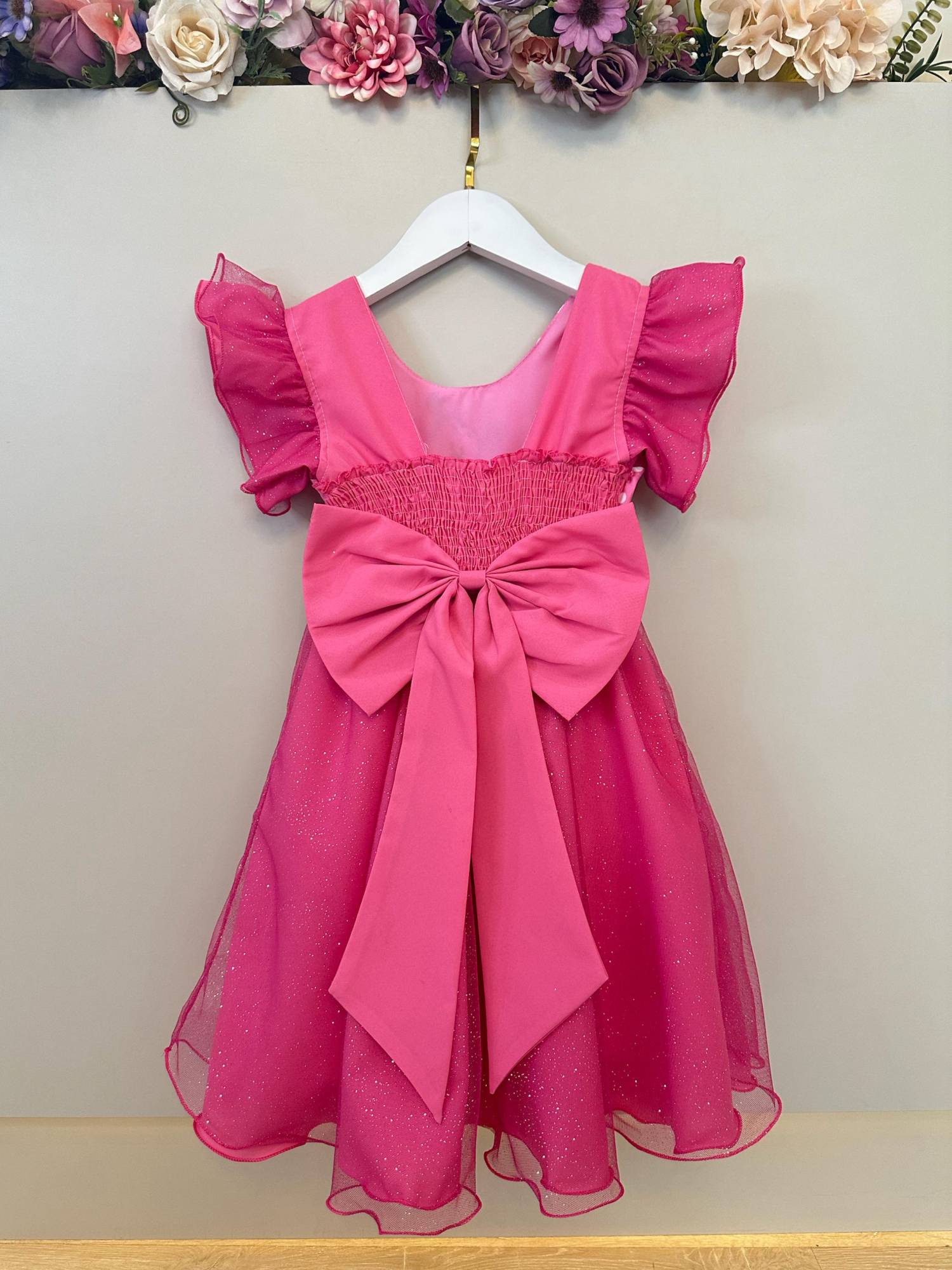 Vestido Infantil Rosa Chiclete Minnie Saia C/ Glitter Festas