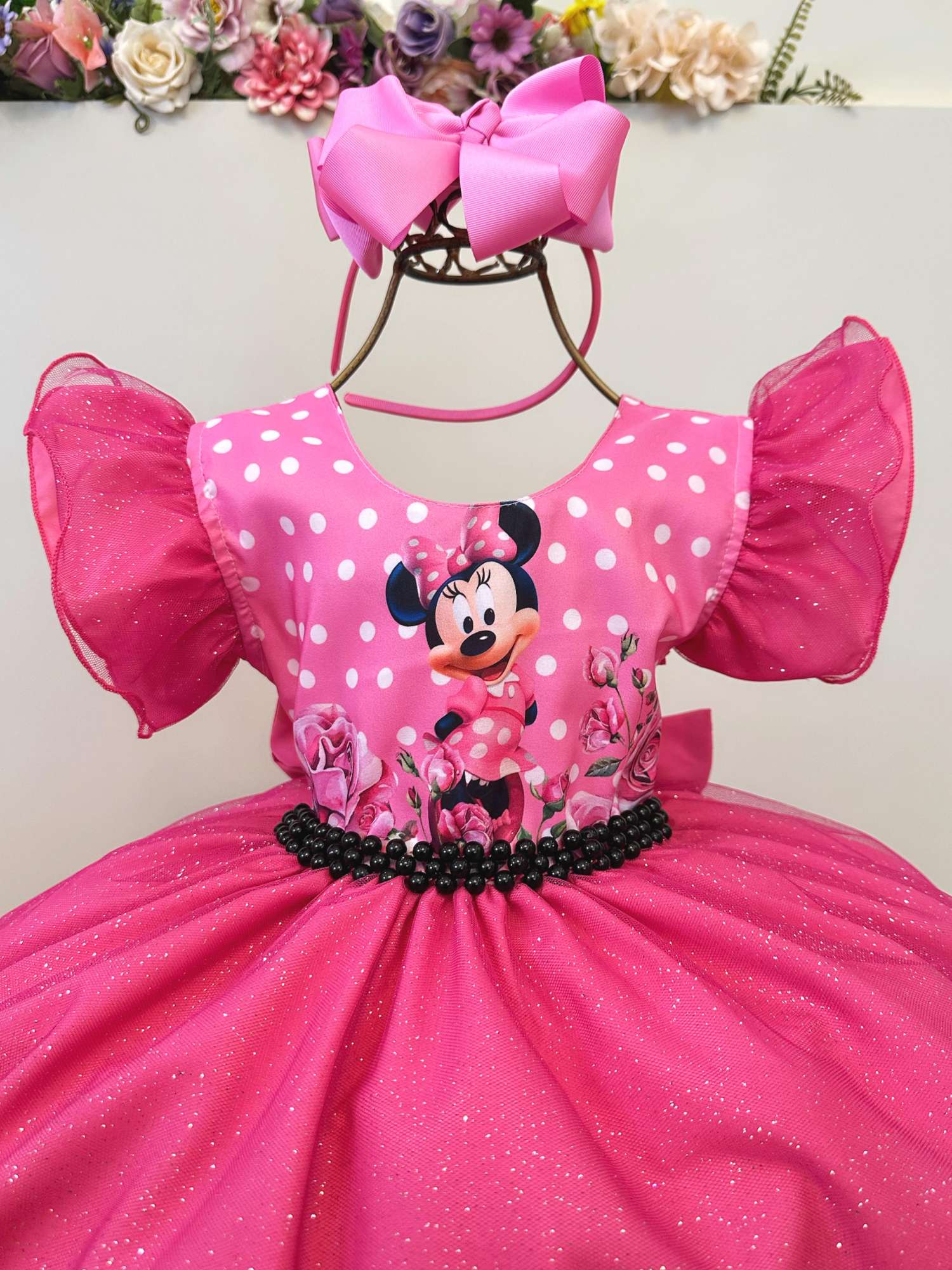 Vestido Infantil Rosa Chiclete Minnie Saia C/ Glitter Festas