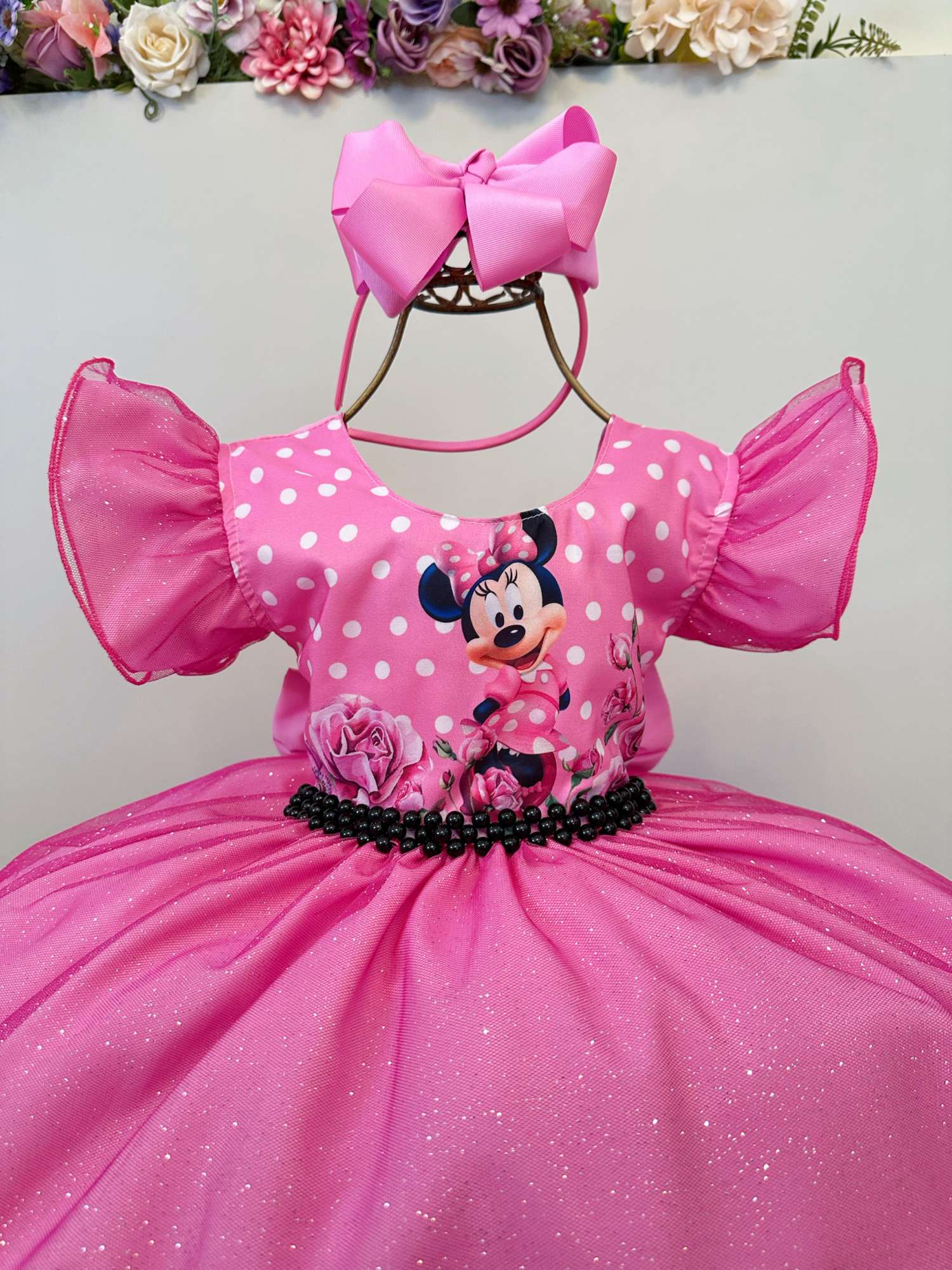 Vestido Infantil Rosa Minnie Saia C/ Glitter Festas