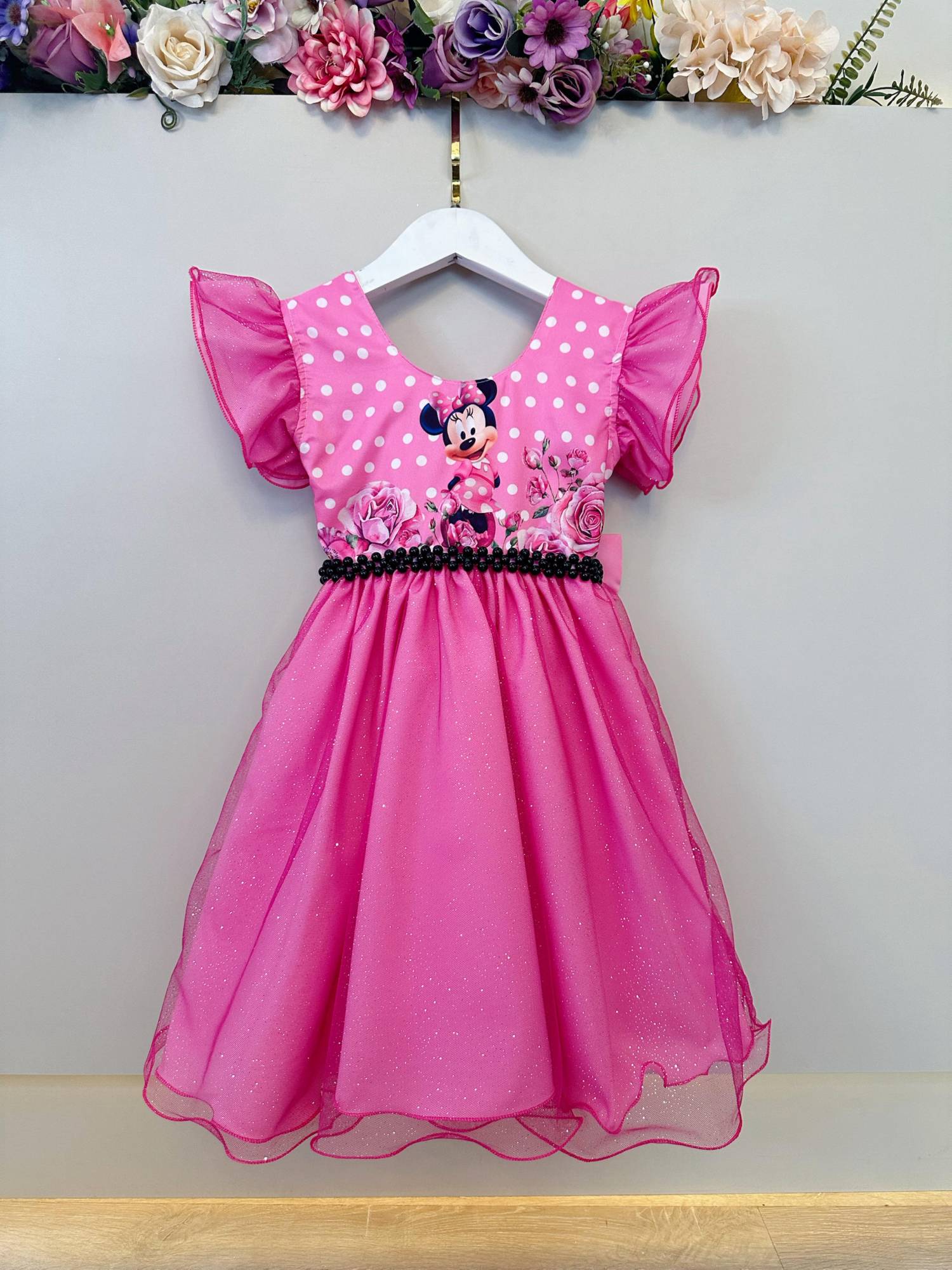 Vestido Infantil Rosa Minnie Saia C/ Glitter Festas