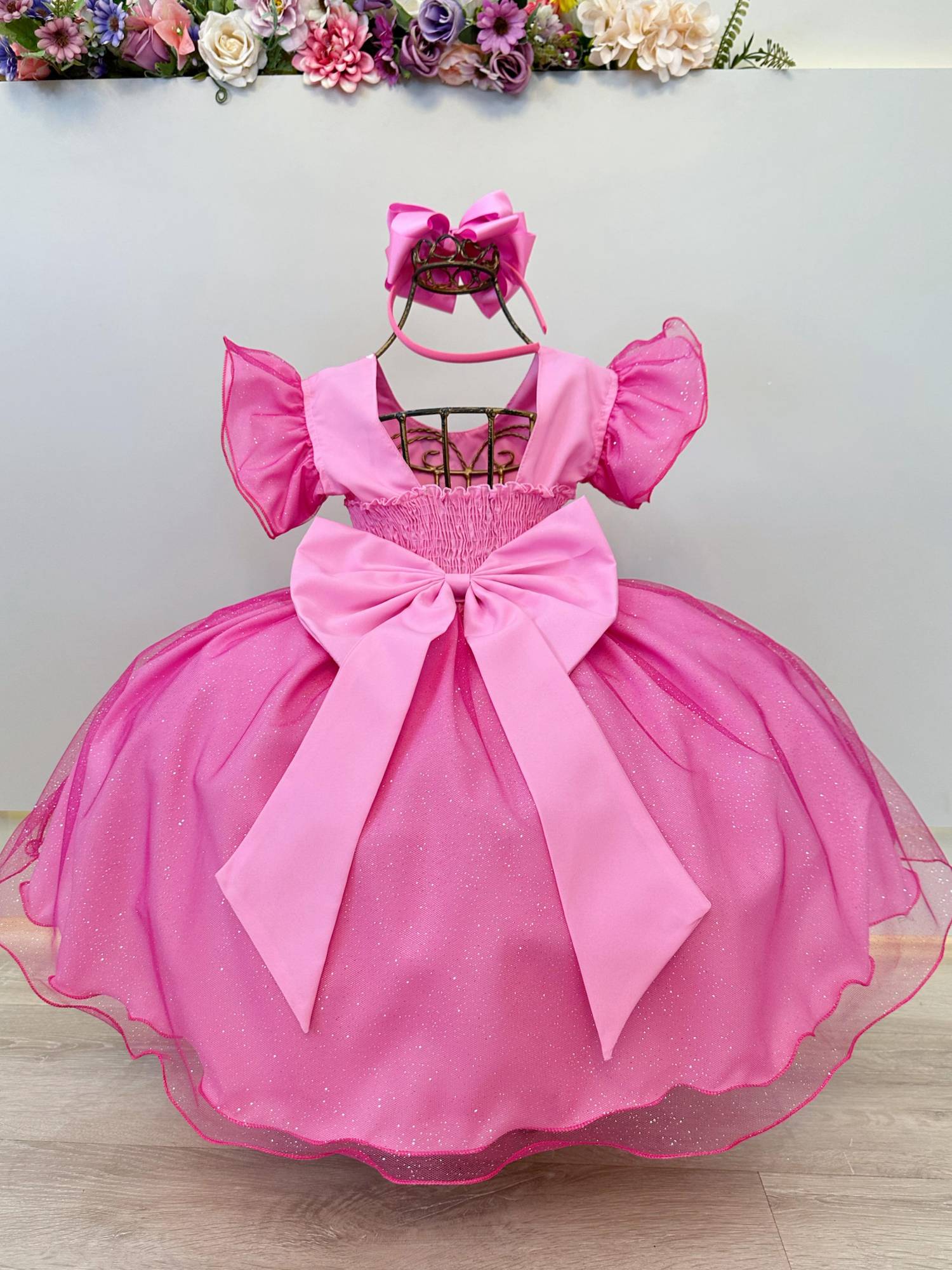 Vestido Infantil Rosa Minnie Saia C/ Glitter Festas