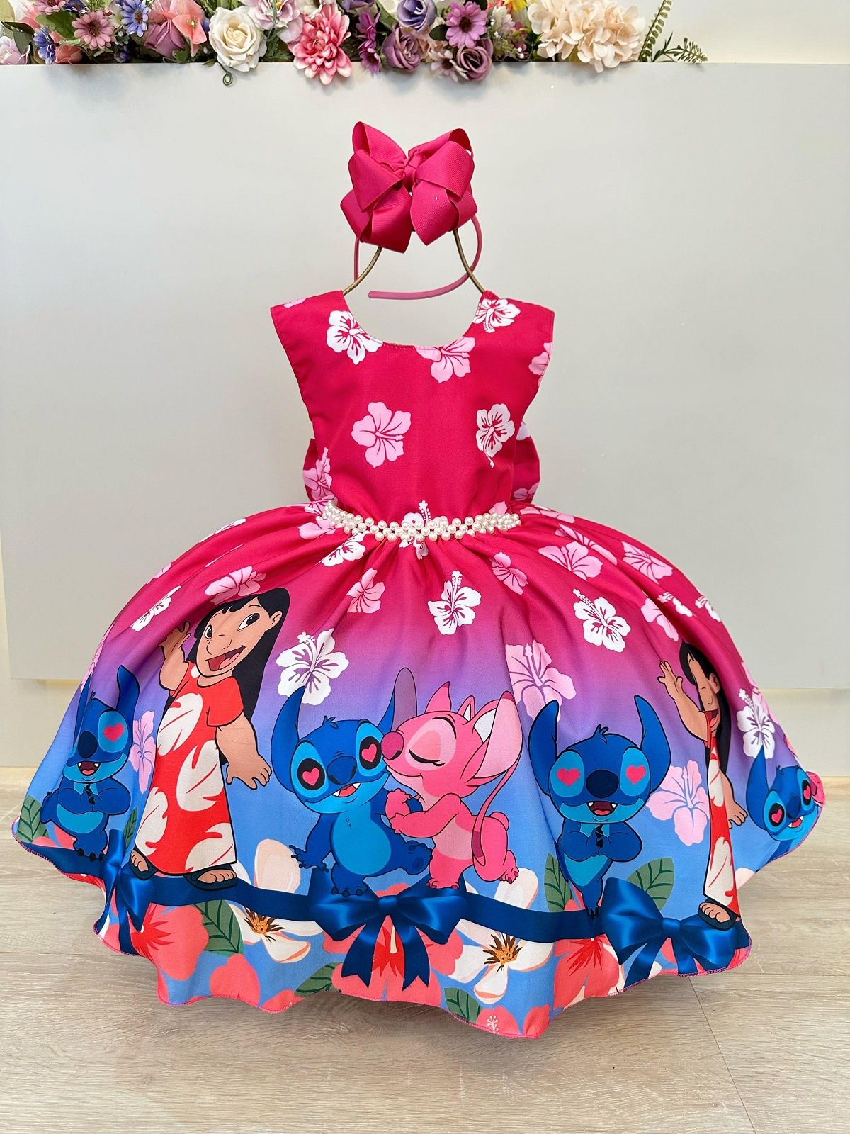 Vestido Infantil Lilo Stitch e Angel Pink Colorido Festas
