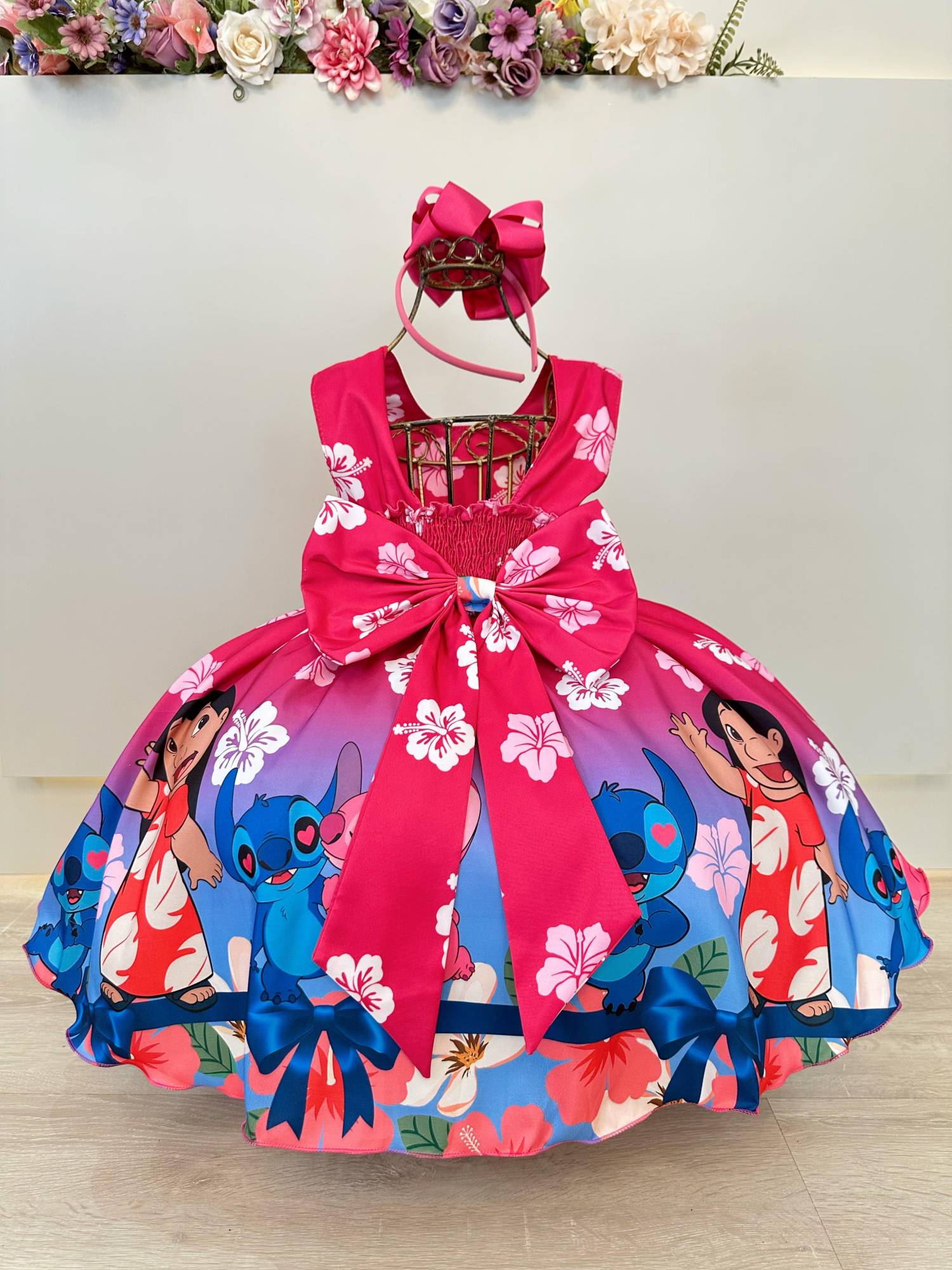 Vestido Infantil Lilo Stitch e Angel Pink Colorido Festas