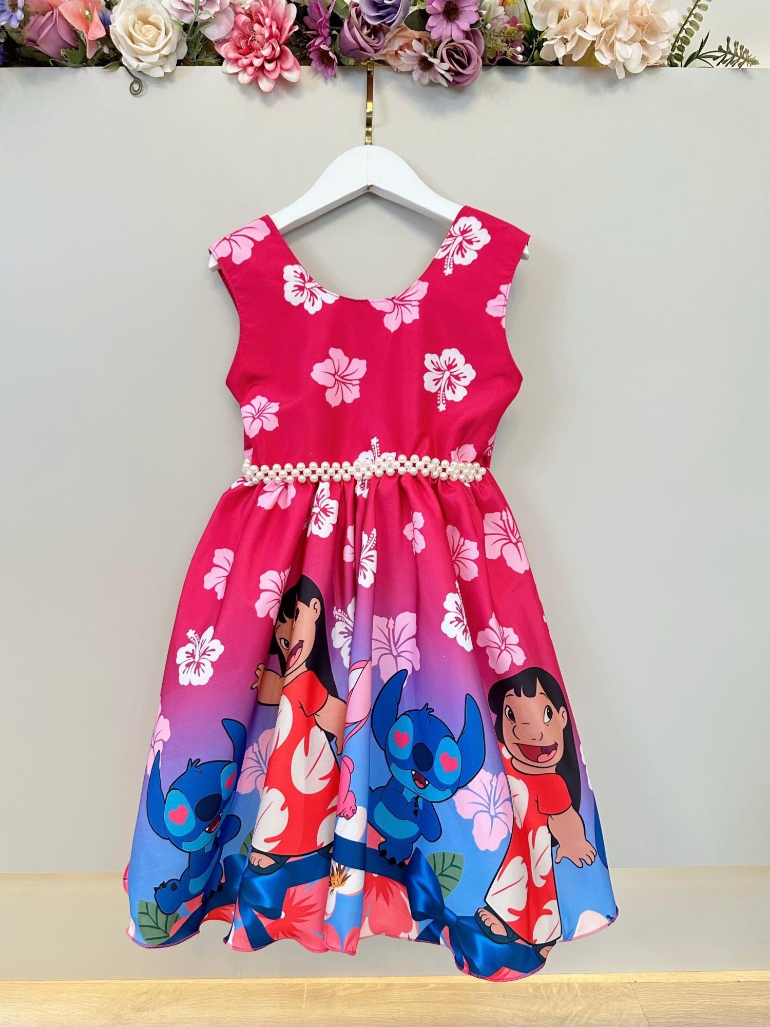Vestido Infantil Lilo Stitch e Angel Pink Colorido Festas