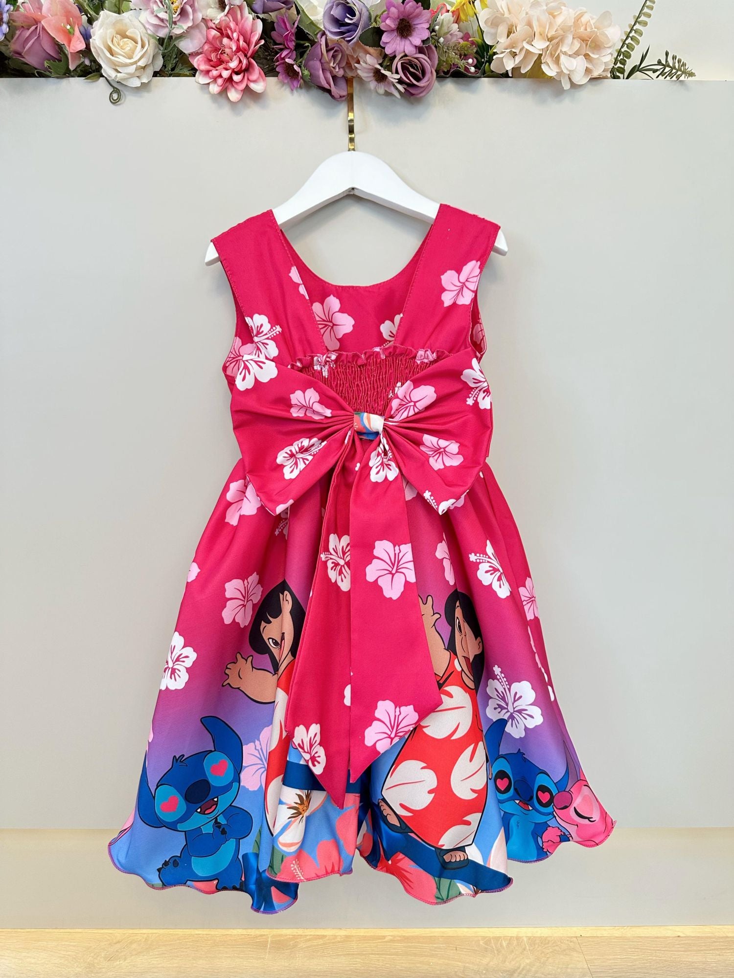Vestido Infantil Lilo Stitch e Angel Pink Colorido Festas