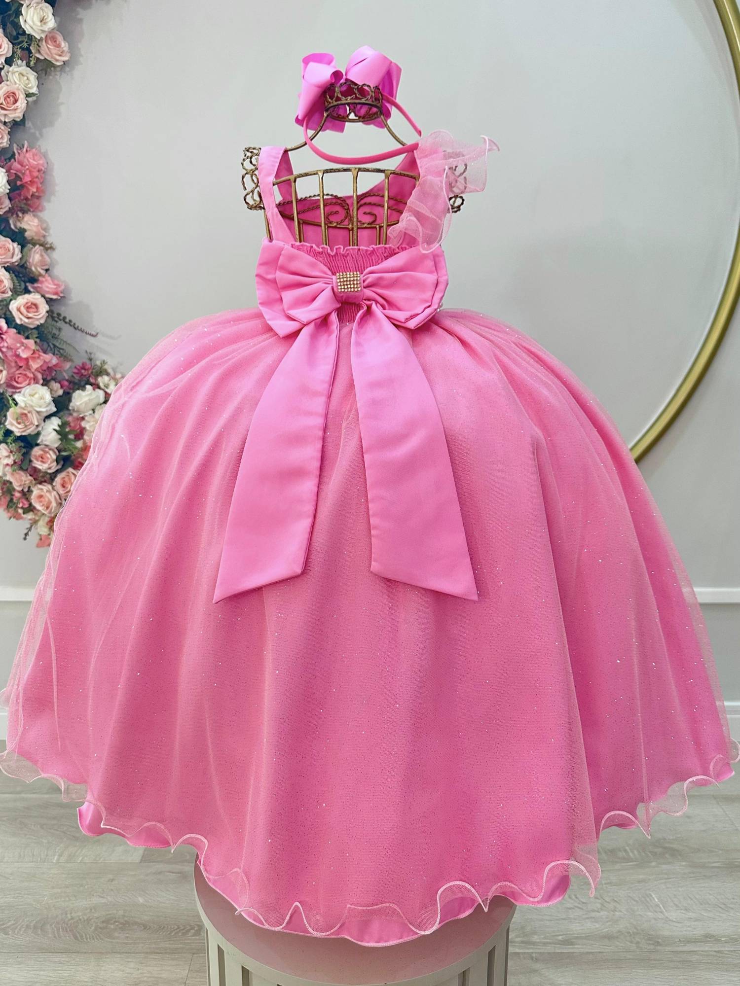 Vestido Infantil Longo Rosa Chiclete Luxo Formaturas Daminhas