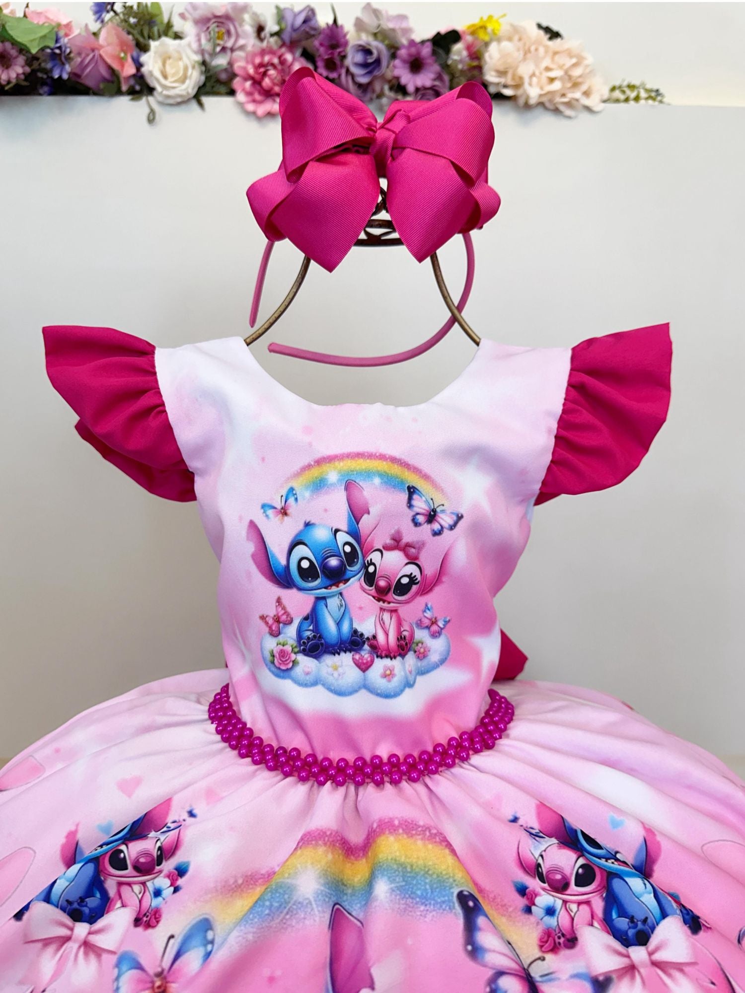 Vestido Infantil Pink Lilo Stitch e Angel Apaixonados Festas