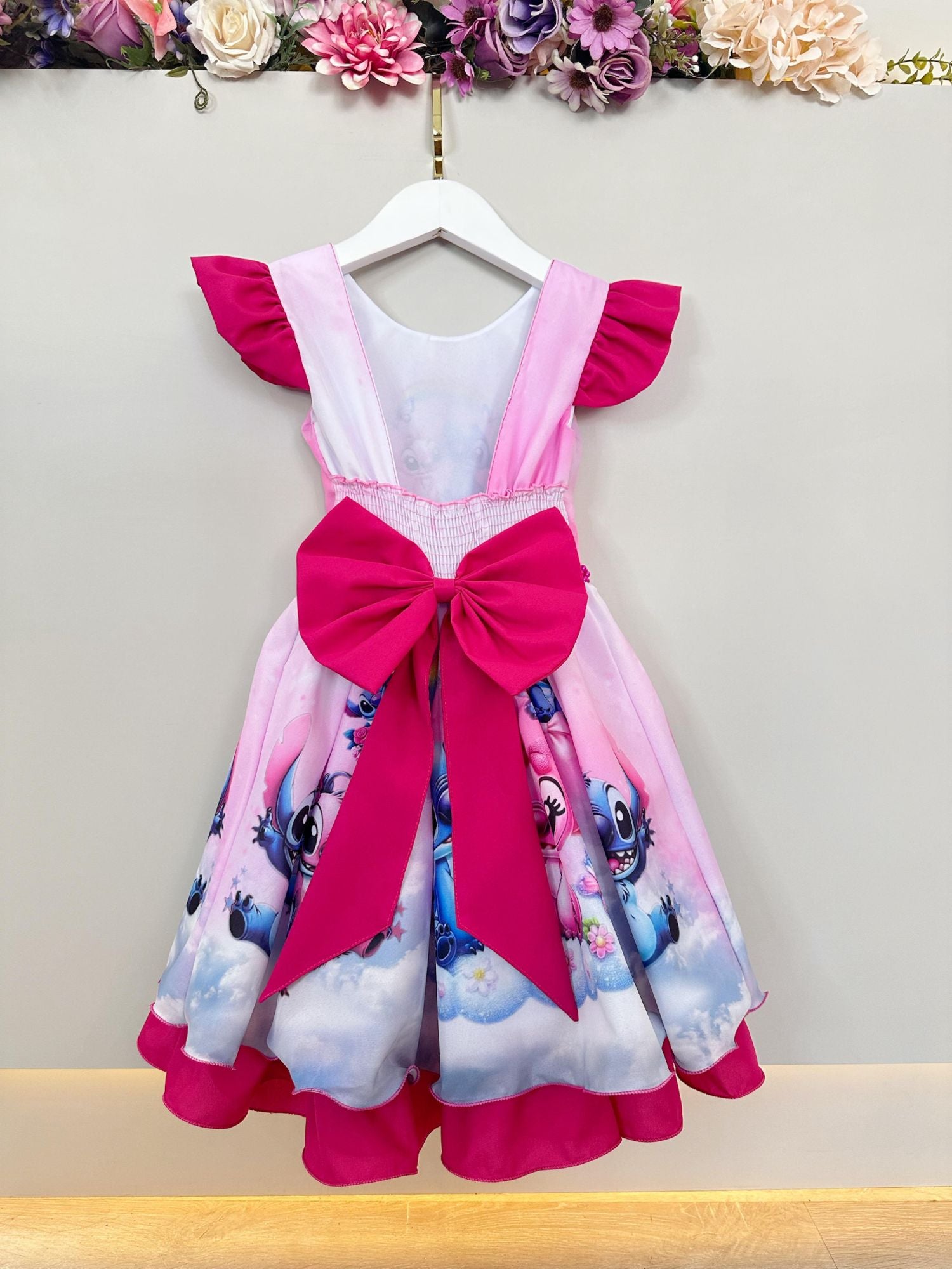 Vestido Infantil Pink Lilo Stitch e Angel Apaixonados Festas