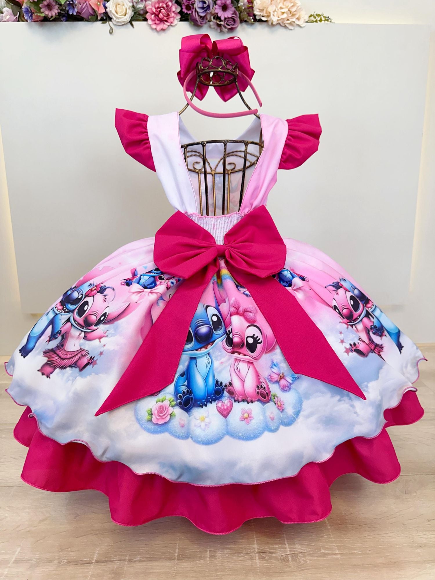 Vestido Infantil Pink Lilo Stitch e Angel Apaixonados Festas