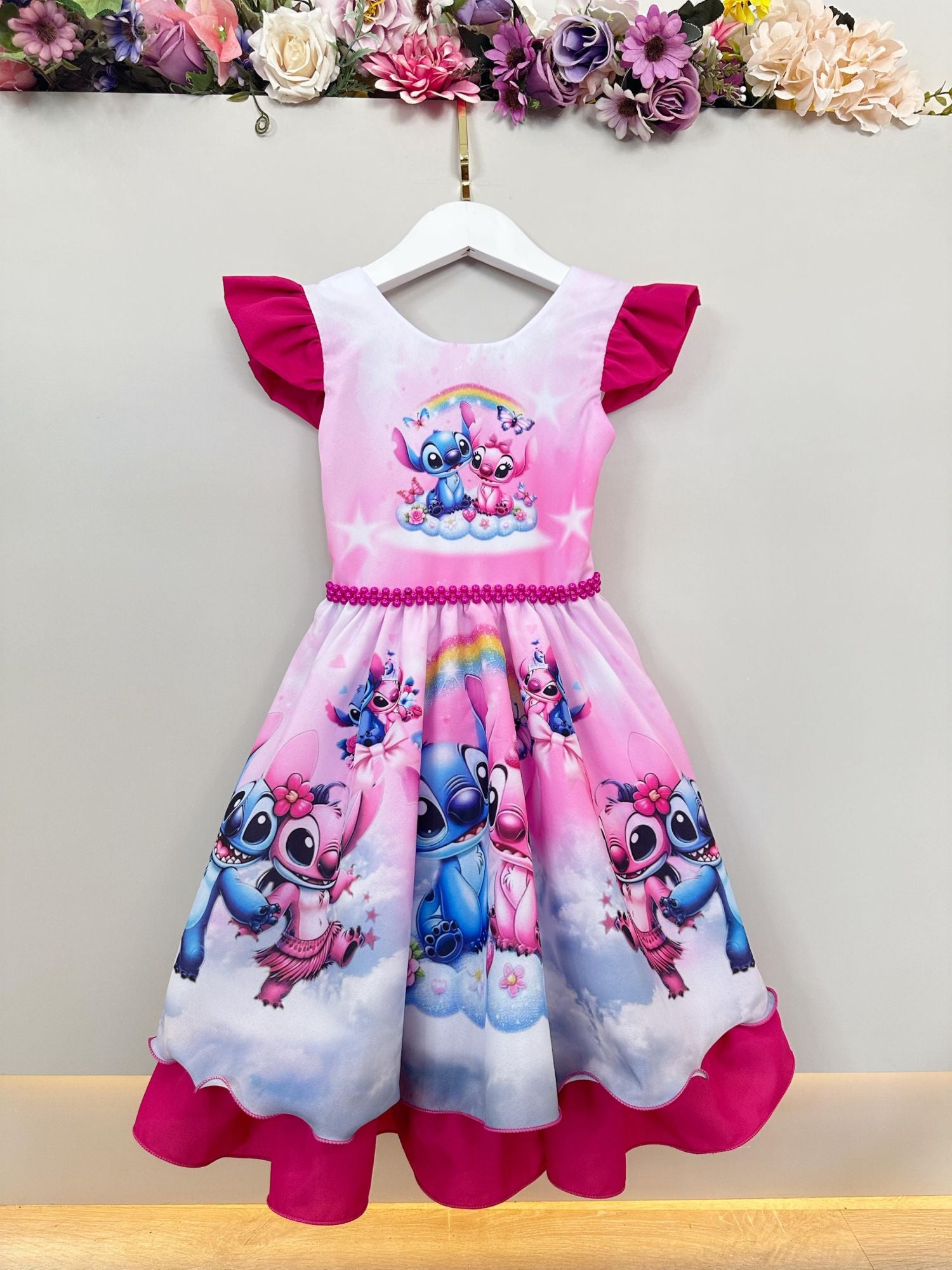 Vestido Infantil Pink Lilo Stitch e Angel Apaixonados Festas