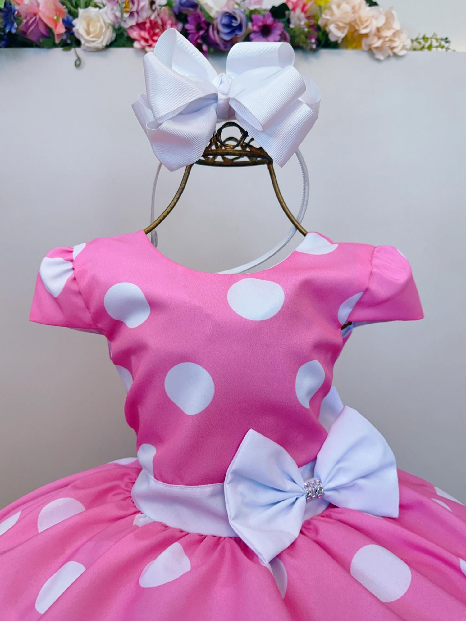 Vestido Infantil Minnie Rosa Com Bolinhas Brancas Festas