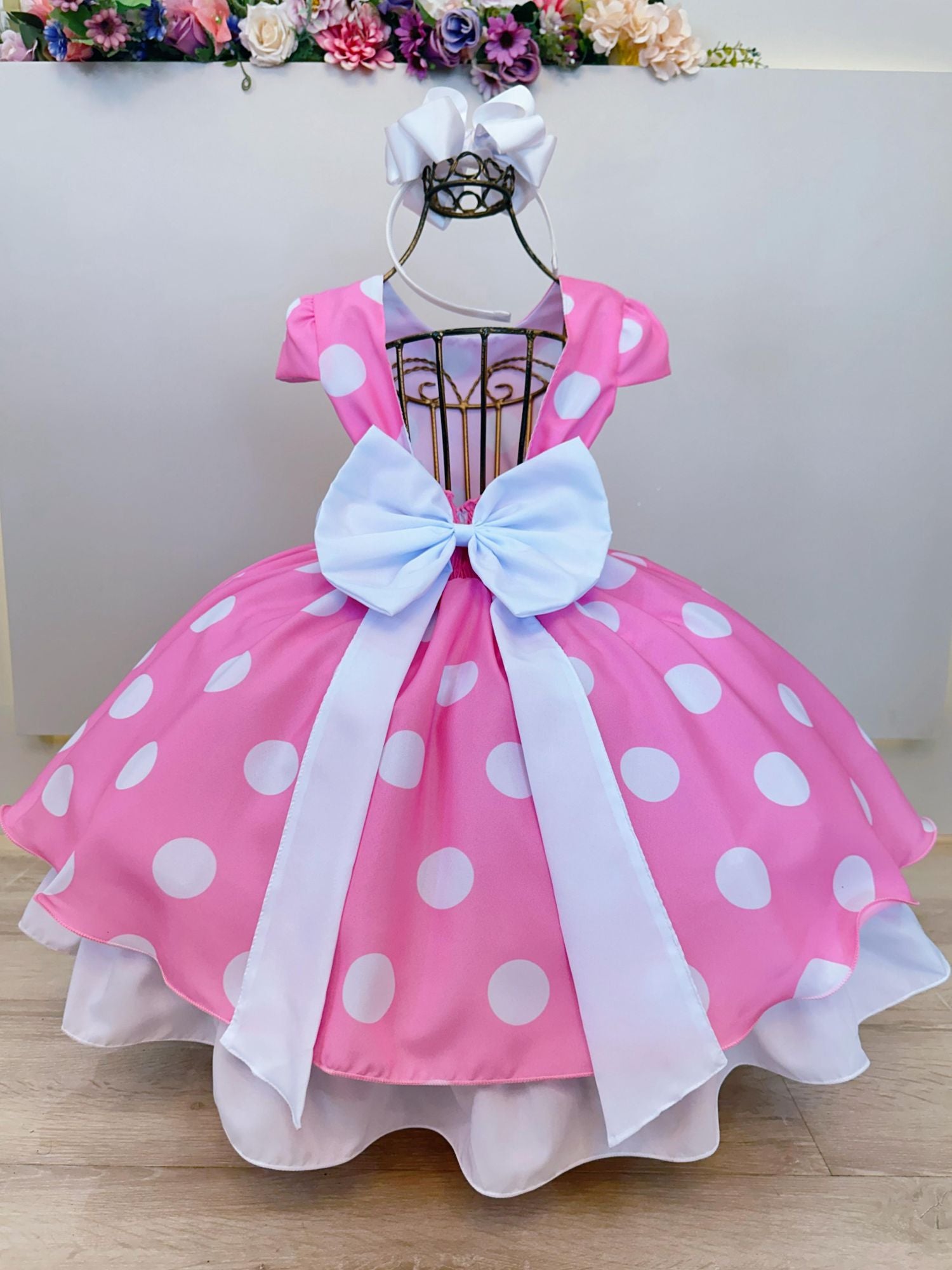 Vestido Infantil Minnie Rosa Com Bolinhas Brancas Festas