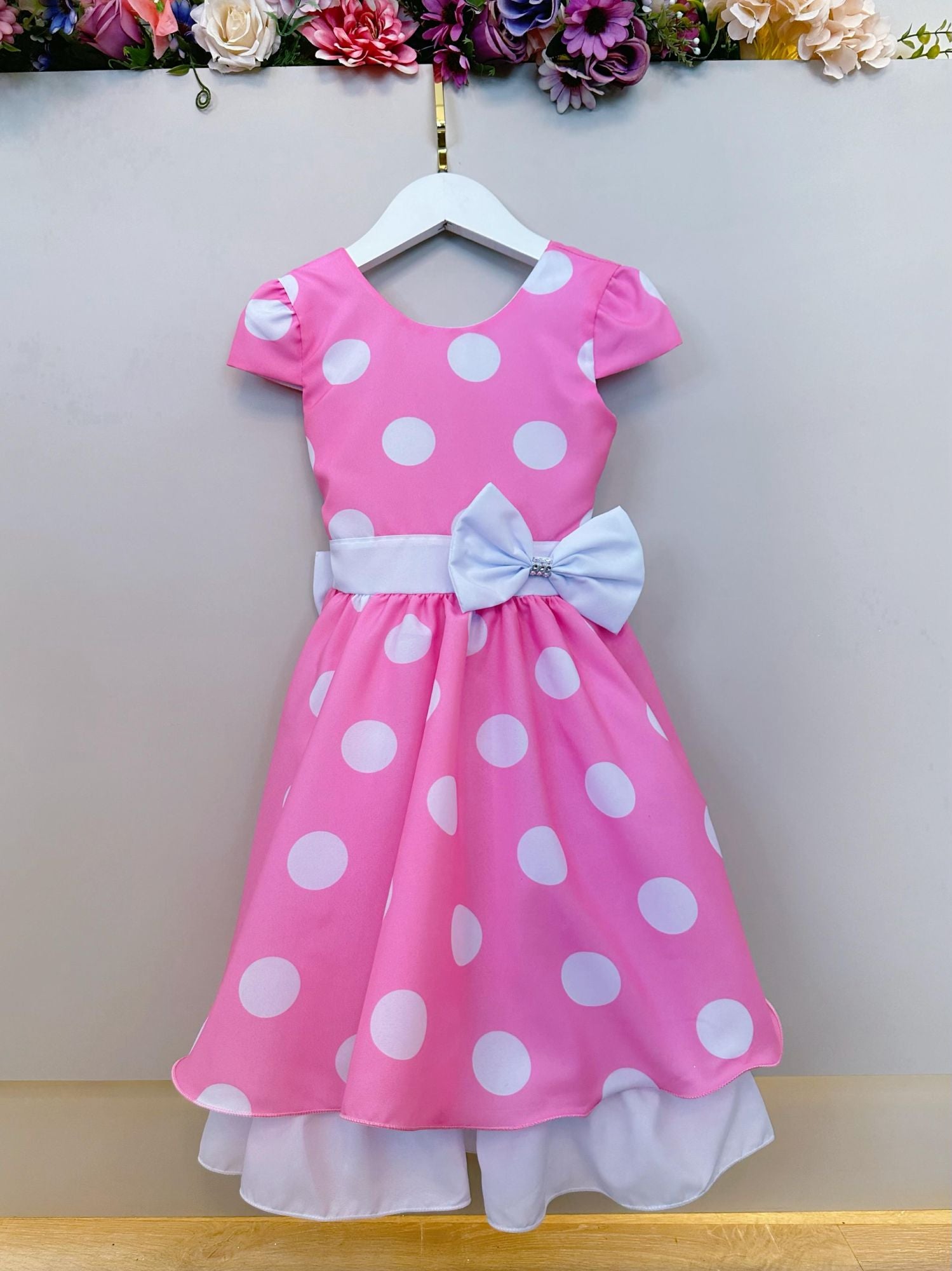 Vestido Infantil Minnie Rosa Com Bolinhas Brancas Festas