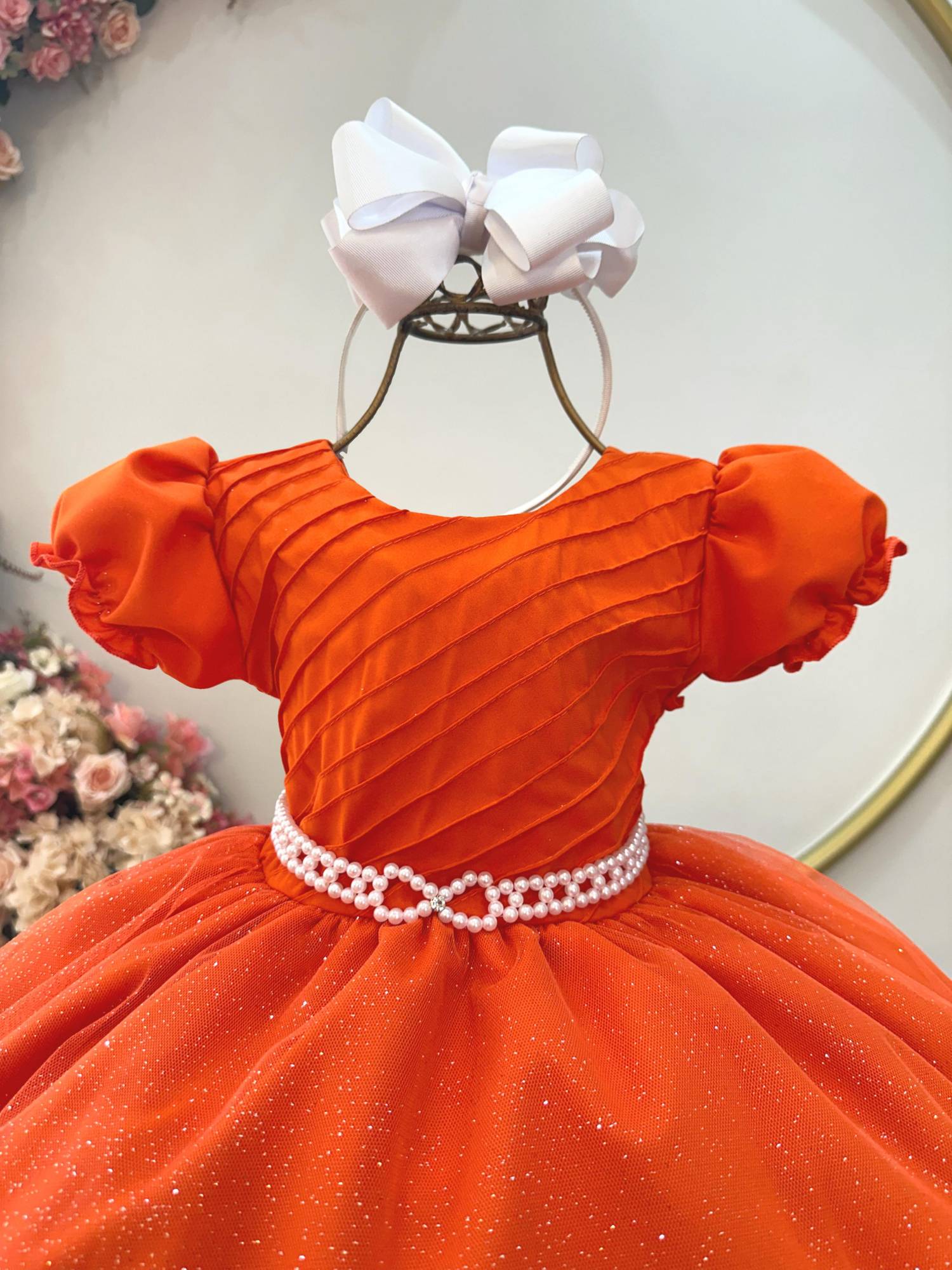 Vestido Infantil Terracota Busto Plissado Festas Daminha