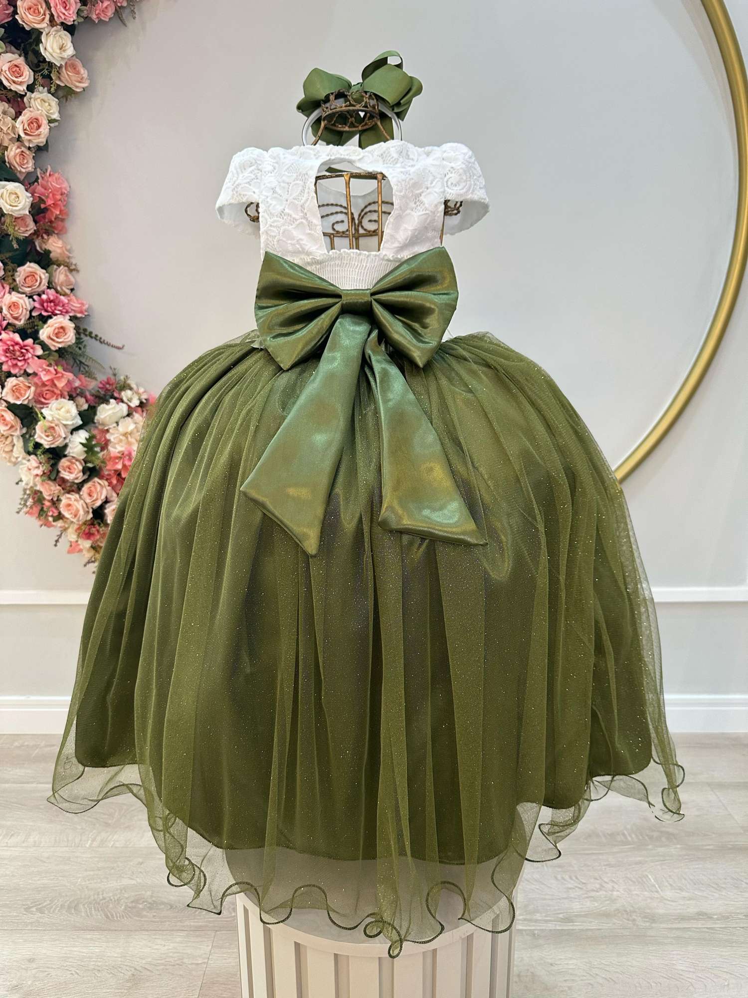Vestido Infantil Off White Saia Verde Oliva Daminha Longo