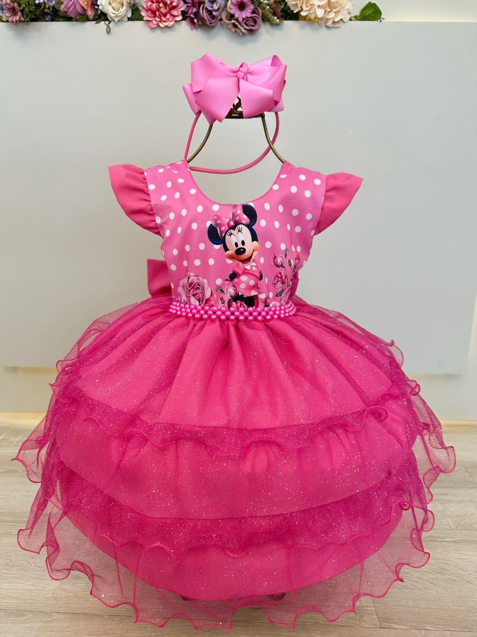 Vestido Infantil Rosa Chiclete Minnie Saia C/ Glitter Festas