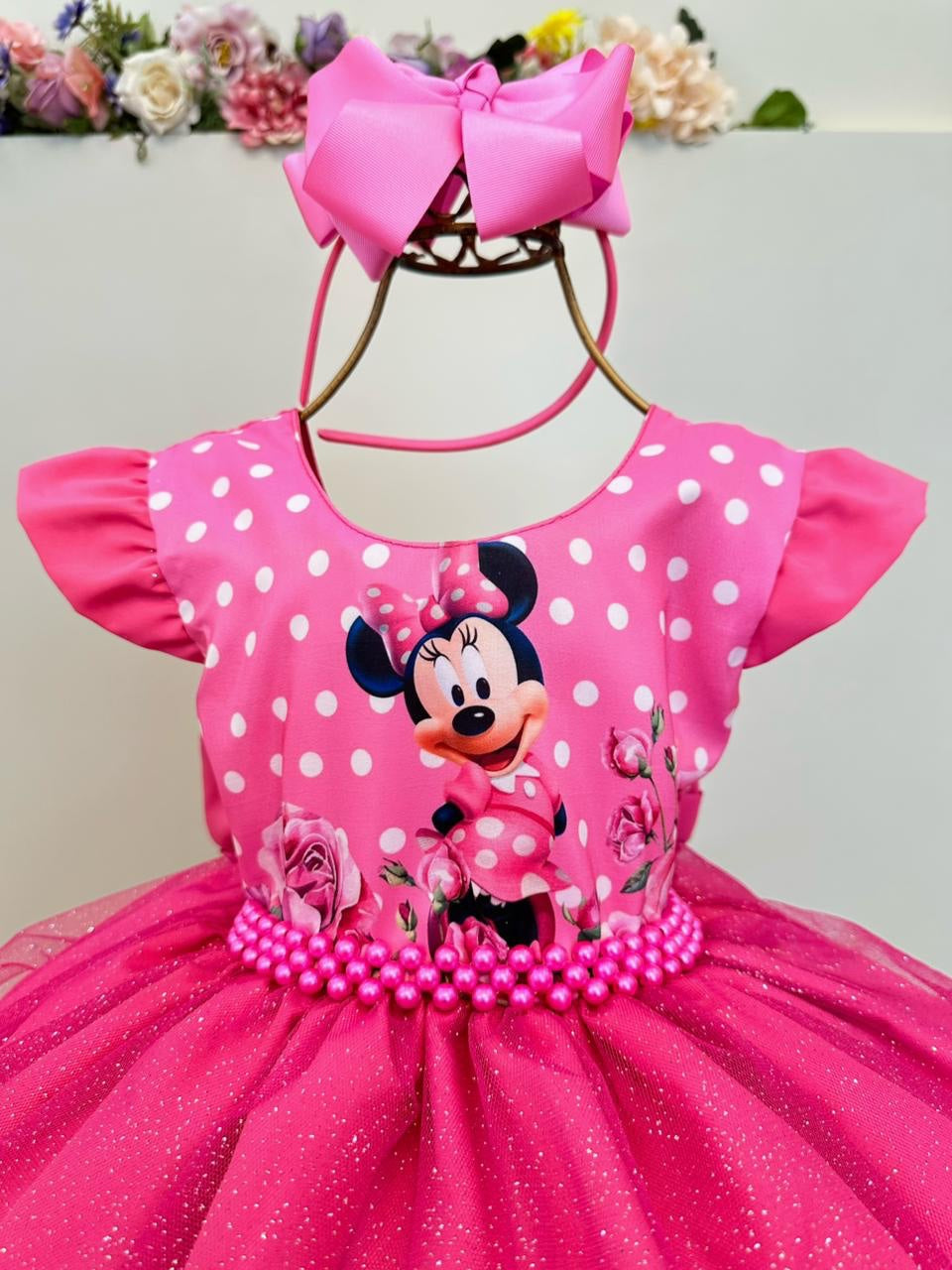 Vestido Infantil Rosa Chiclete Minnie Saia C/ Glitter Festas
