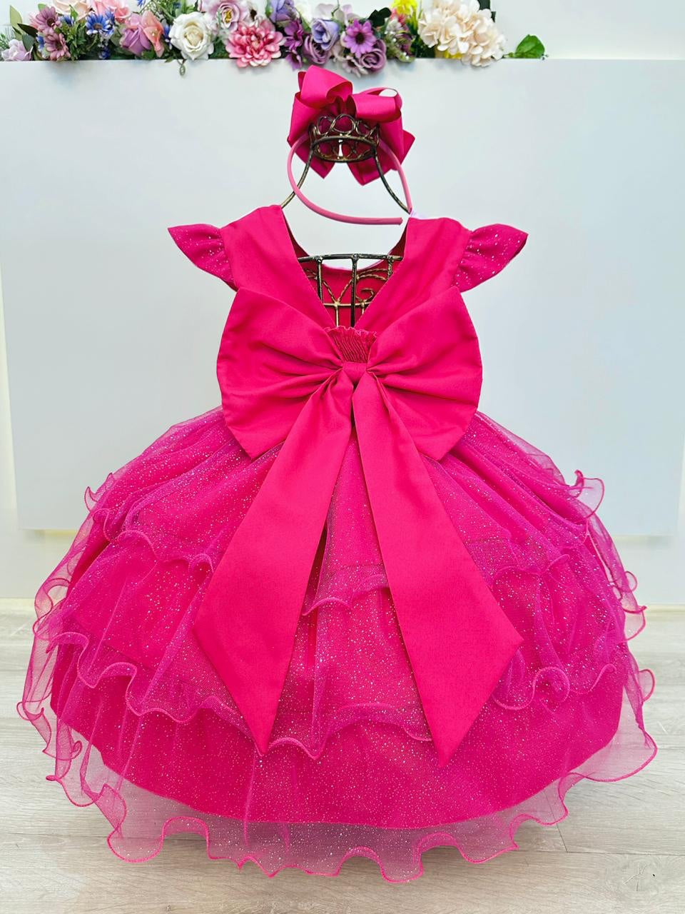 Vestido Infantil Rosa Chiclete Minnie Saia C/ Glitter Festas