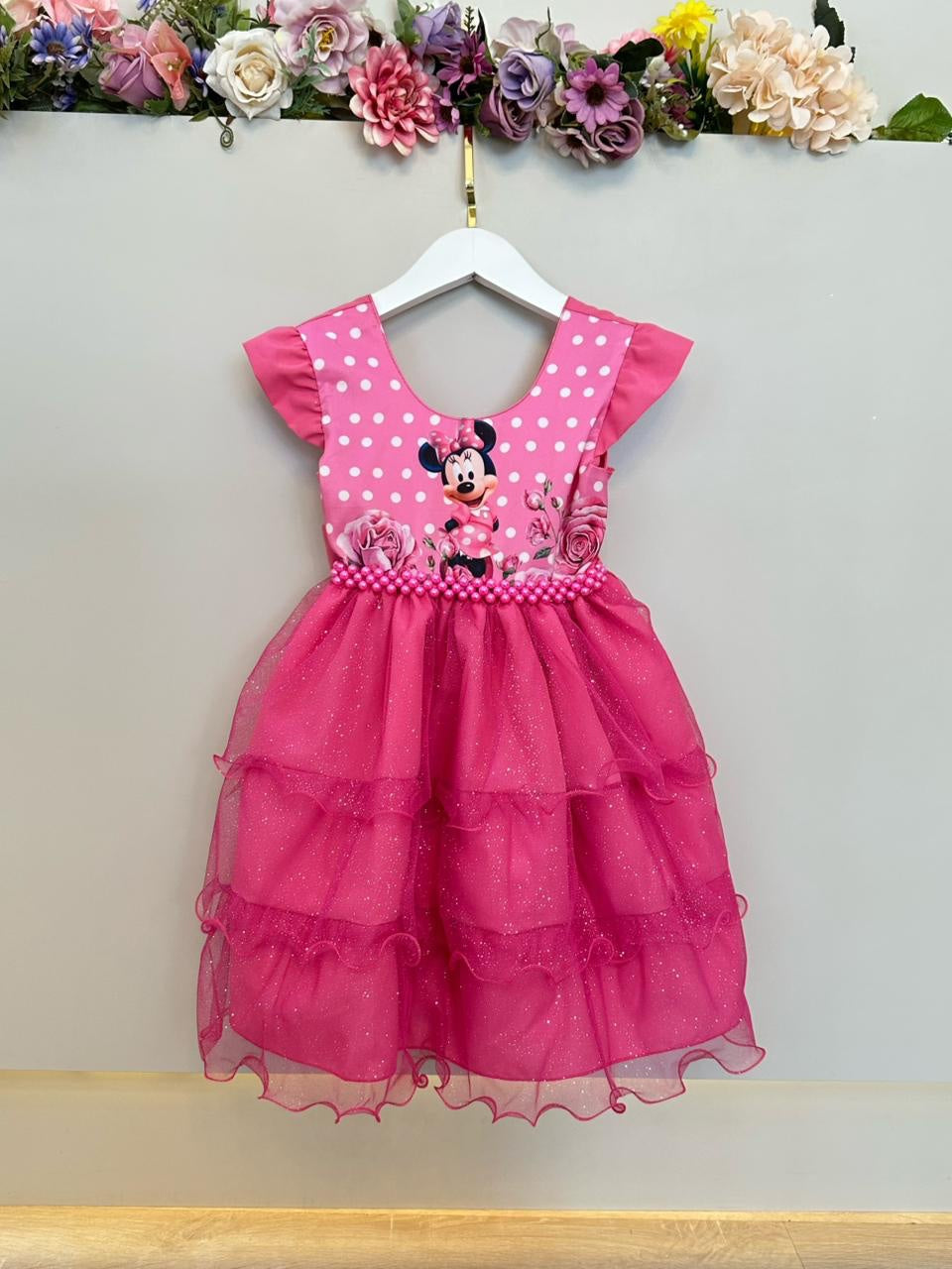 Vestido Infantil Rosa Chiclete Minnie Saia C/ Glitter Festas