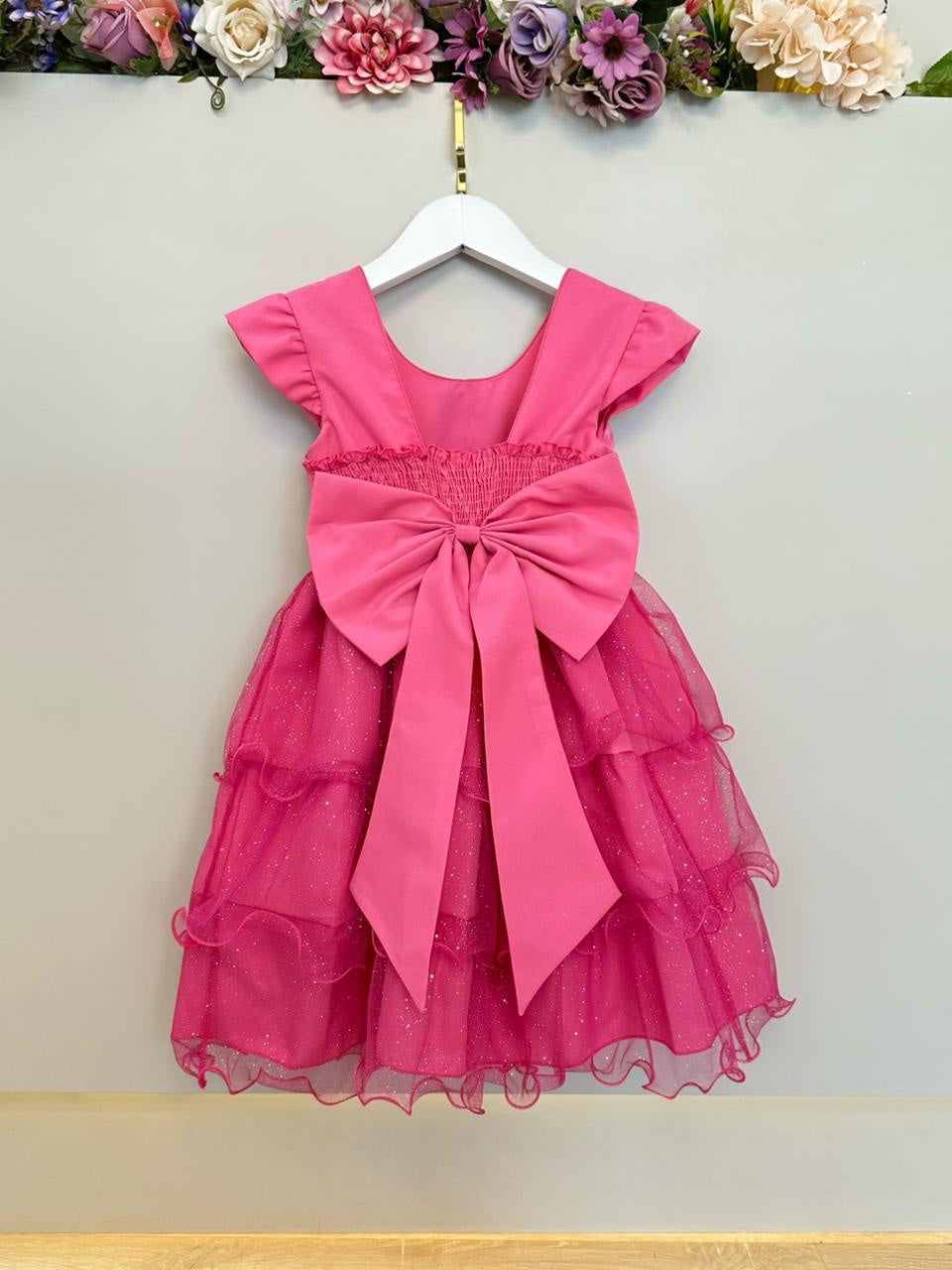 Vestido Infantil Rosa Chiclete Minnie Saia C/ Glitter Festas