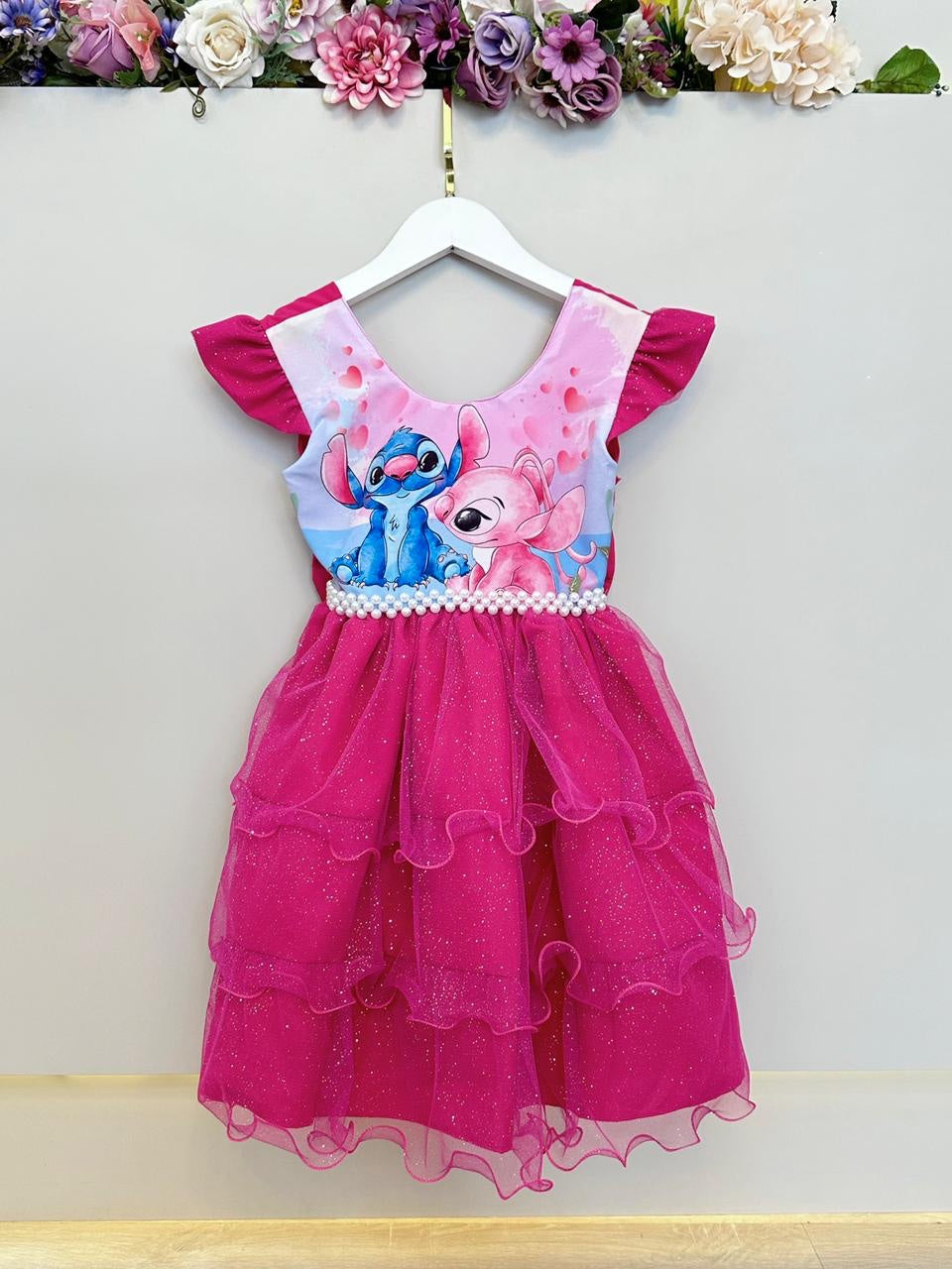 Vestido Infantil Pink Lilo Stitch e Angel Saia Babado Festas