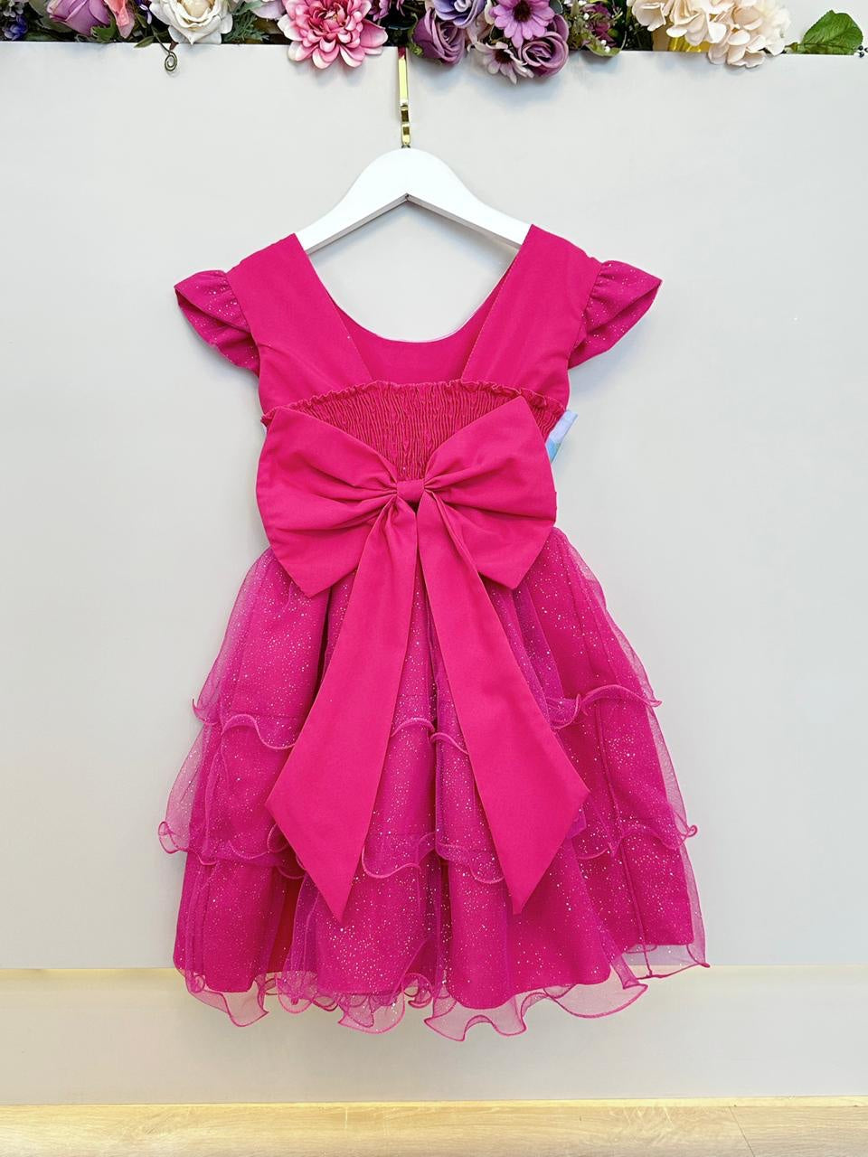 Vestido Infantil Pink Lilo Stitch e Angel Saia Babado Festas