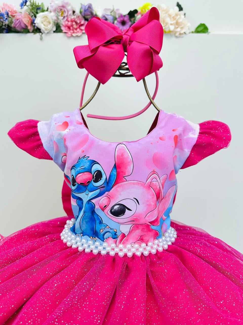 Vestido Infantil Pink Lilo Stitch e Angel Saia Babado Festas