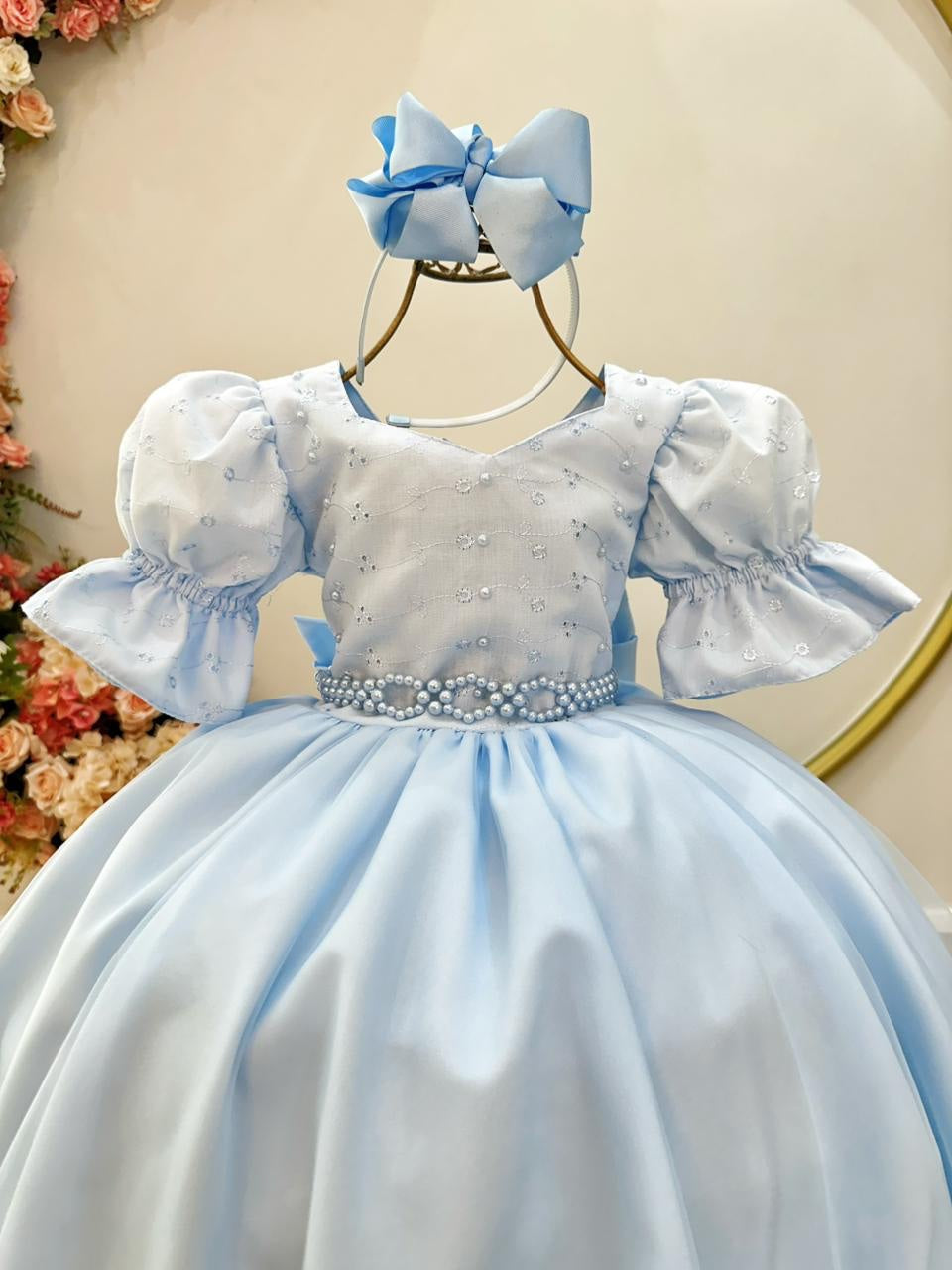 Vestido Infantil Azul Busto Bordado Daminhas Festas Luxo